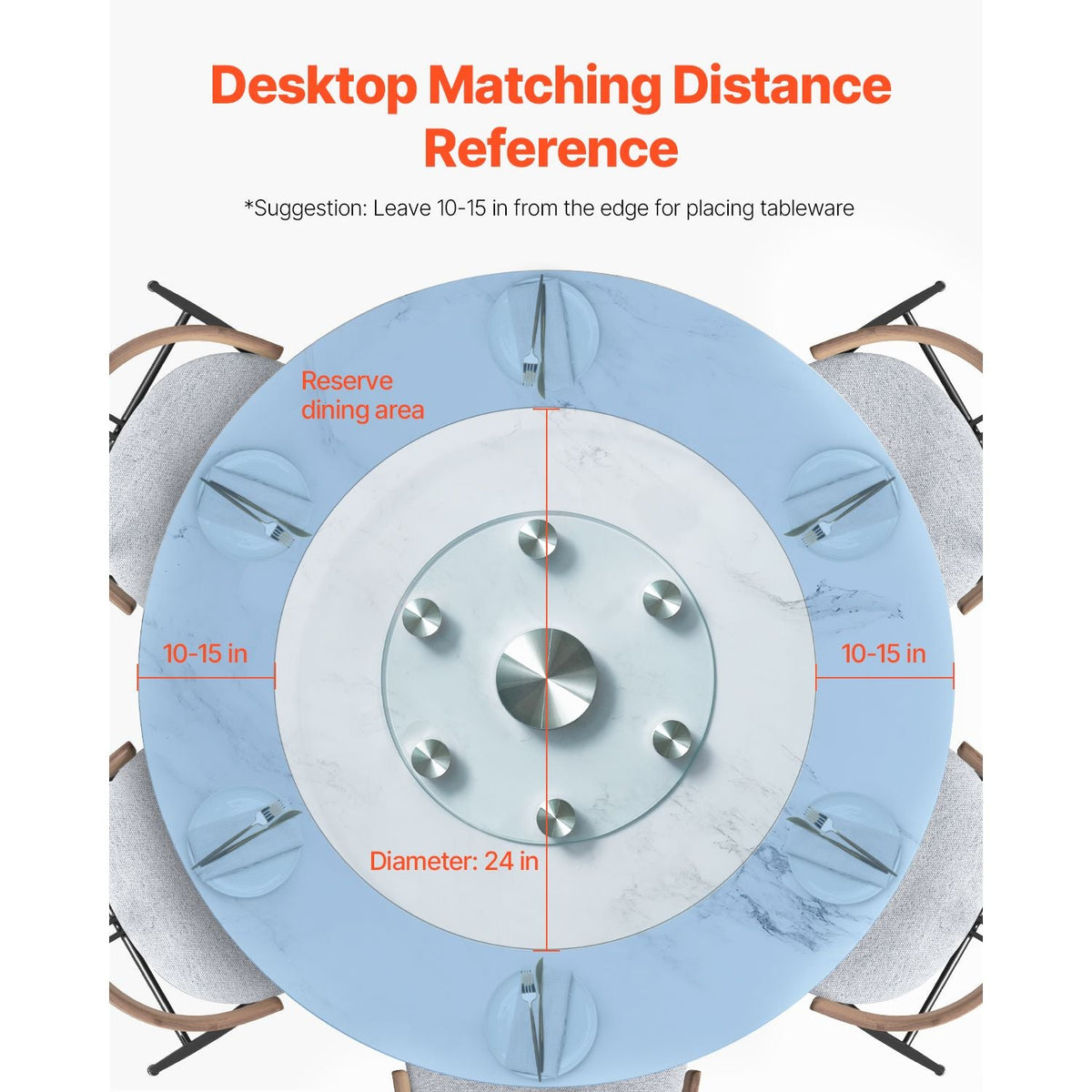 24 in Glass Lazy Susan Turntable, Tempered Glass Dining Table Centerpiece with 6 Rotating Wheels, 360° Smooth and Silent Spin Tabletop Rotating Tray, for Family Gatherings, Banquets & Weddings