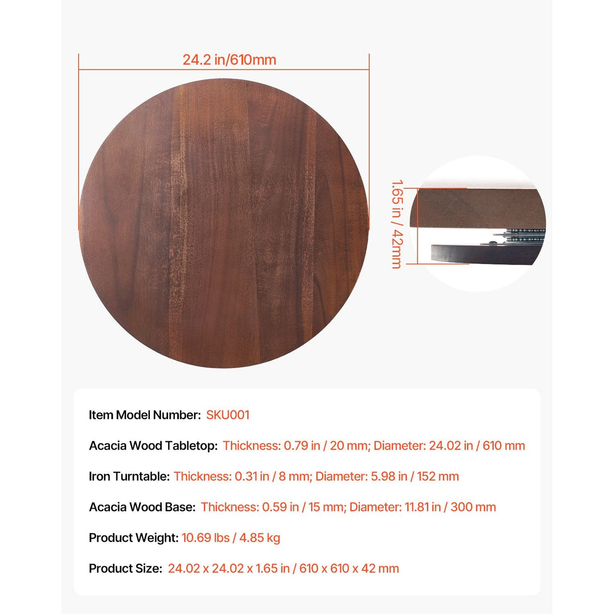 24 in Wood Lazy Susan Turntable, 360° Rotation Round Clear Tabletop Rotating Tray, Acacia Wood Dining Table Centerpiece, Smooth and Silent Spin, for Family Gatherings, Banquets and Weddings