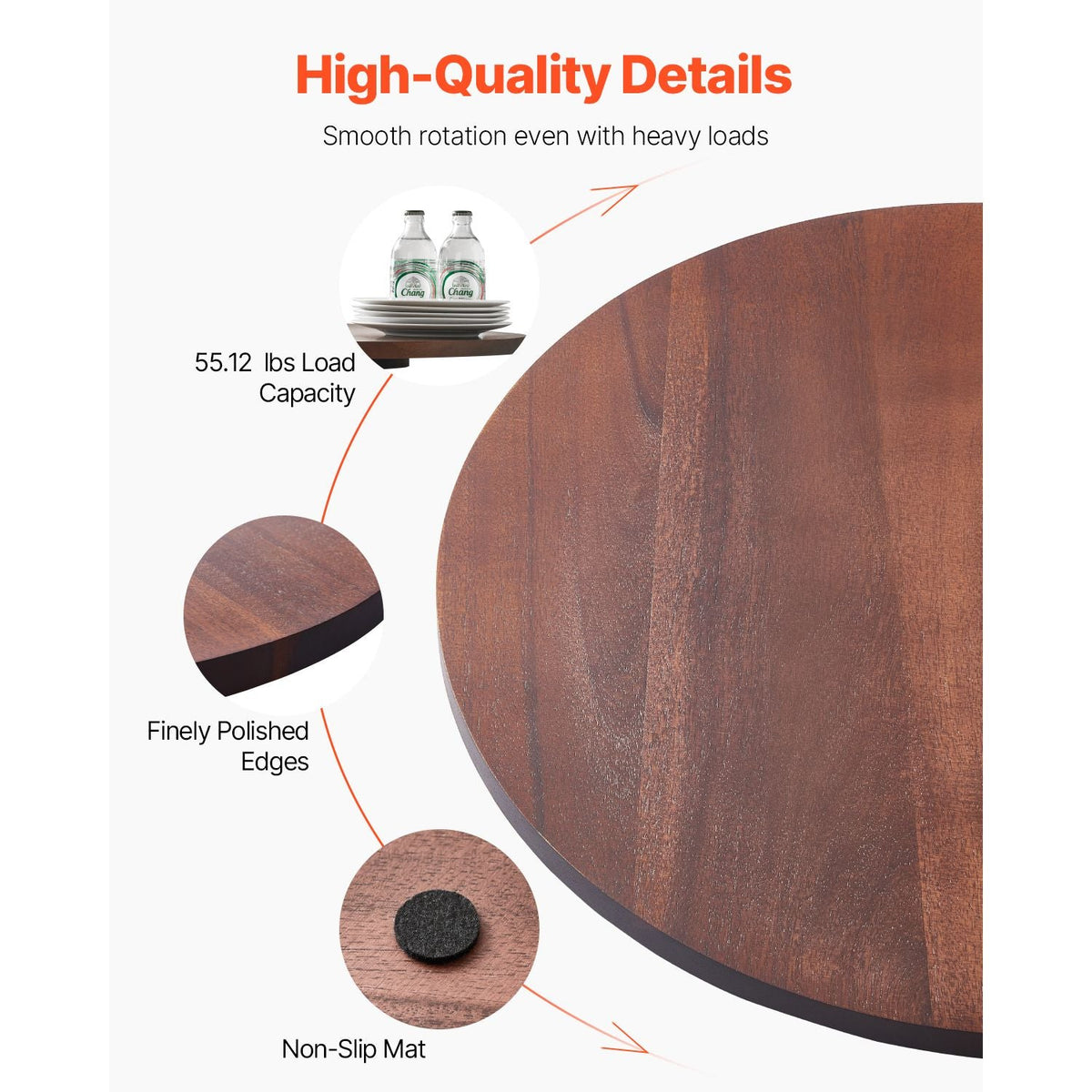 24 in Wood Lazy Susan Turntable, 360° Rotation Round Clear Tabletop Rotating Tray, Acacia Wood Dining Table Centerpiece, Smooth and Silent Spin, for Family Gatherings, Banquets and Weddings