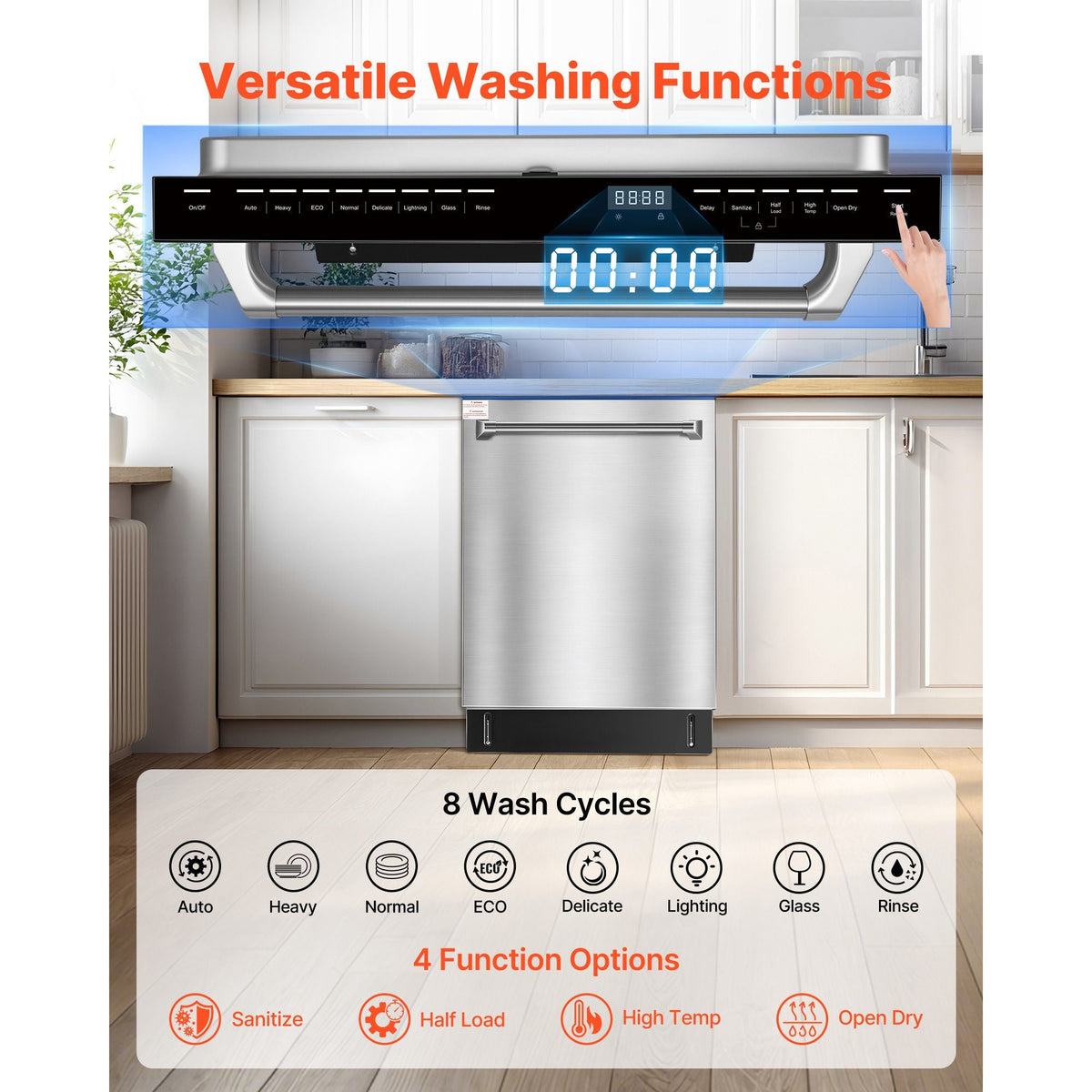 24 Inch Built-In Dishwasher, Stainless Steel Tub, 14 Place Settings and 8 Washing Programs, 23.82 x 25.2 x 33.78 Inch Low-Noise Dishwashing Machine with Upper / Lower Racks and Zoned Storage