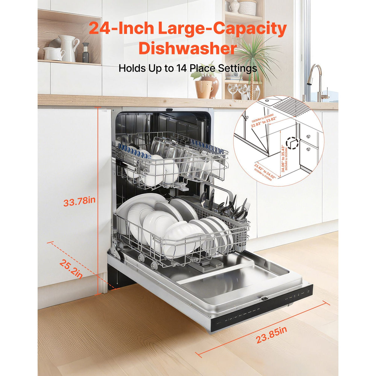 24 Inch Built-In Dishwasher, Stainless Steel Tub, 14 Place Settings and 8 Washing Programs, 23.82 x 25.2 x 33.78 Inch Low-Noise Dishwashing Machine with Upper / Lower Racks and Zoned Storage