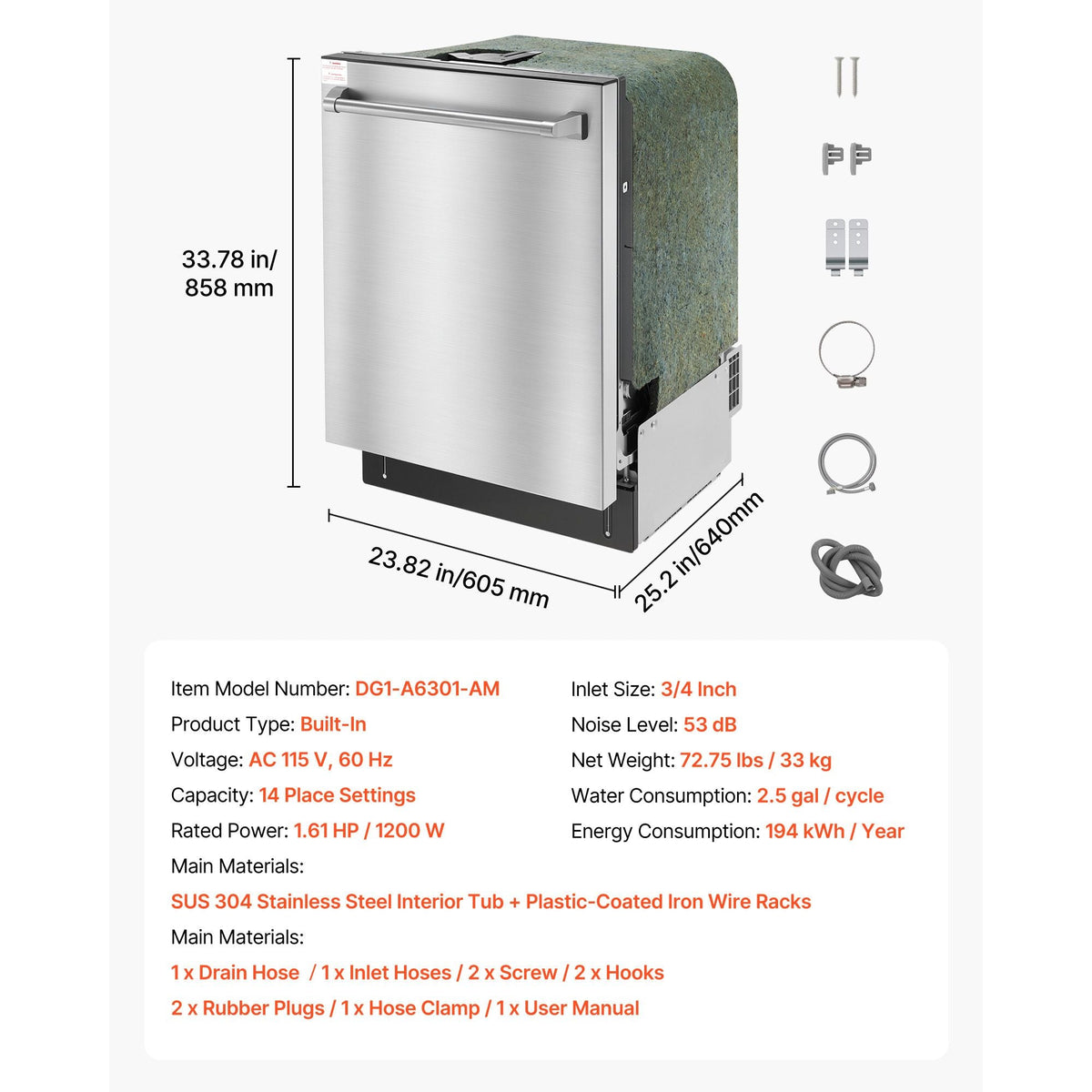 24 Inch Built-In Dishwasher, Stainless Steel Tub, 14 Place Settings and 8 Washing Programs, 23.82 x 25.2 x 33.78 Inch Low-Noise Dishwashing Machine with Upper / Lower Racks and Zoned Storage