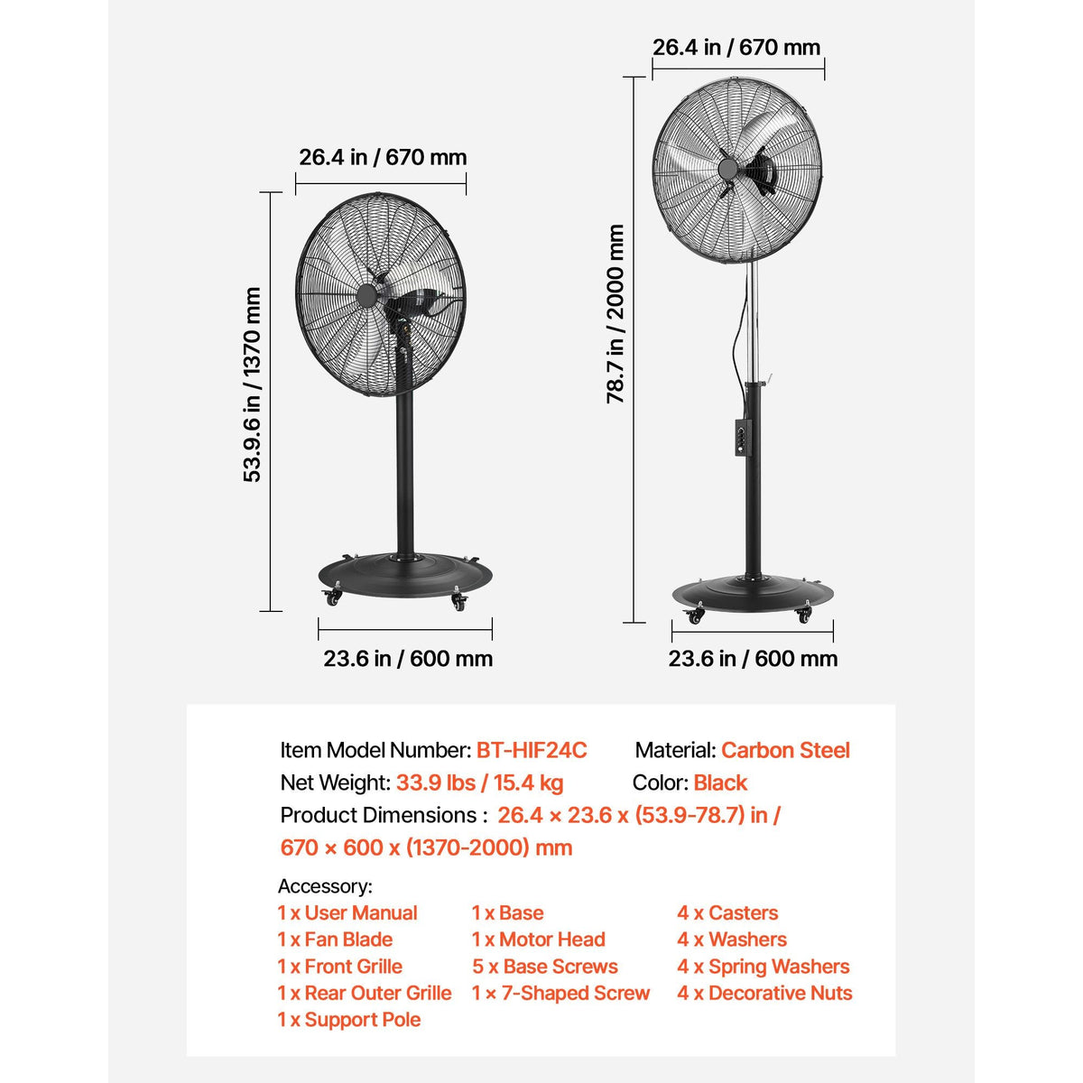24-Inch High Velocity Pedestal Fan, 6800 CFM Industrial Standing Floor Fan with 85° Oscillating, 3-Speed Adjustable Height, IP44 Waterproof, Carbon Steel for Commercial, Garage, Workshop, Black