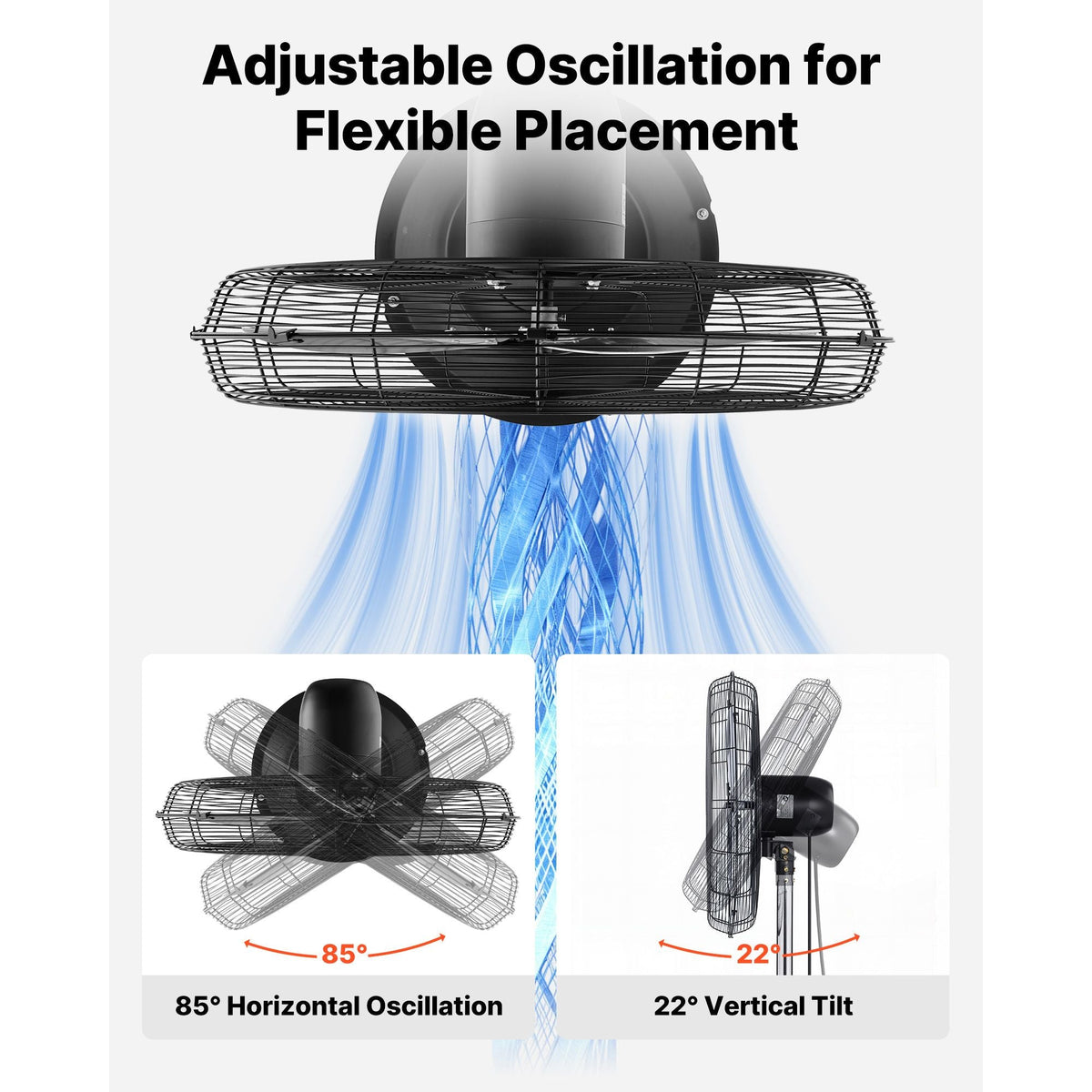 24-Inch High Velocity Pedestal Fan, 6800 CFM Industrial Standing Floor Fan with 85° Oscillating, 3-Speed Adjustable Height, IP44 Waterproof, Carbon Steel for Commercial, Garage, Workshop, Black