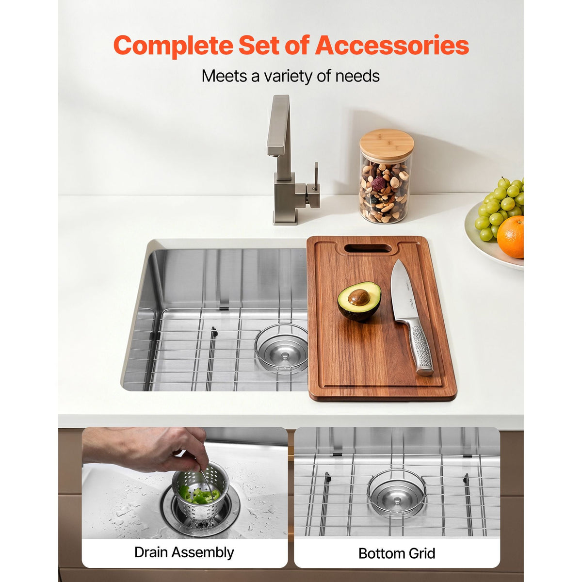 24-inch Kitchen Undermount Single Bowl Sinks, Stainless Steel Drop-In Farmhouse Basin with Accessories, Household Dishwasher Sinks for RV, Prep Kitchen, Laundry Room, Bar