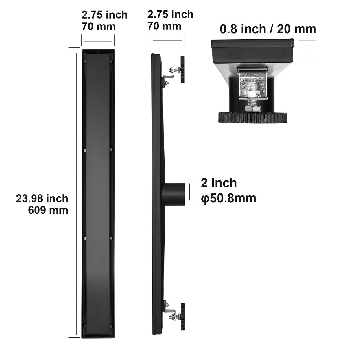 24-Inch Linear Shower Drain Offset with Tile Insert Cover,Brushed 304 Stainless Steel Rectangle Shower Floor Drain, Sleek Linear Drain with Hair Strainer, Black