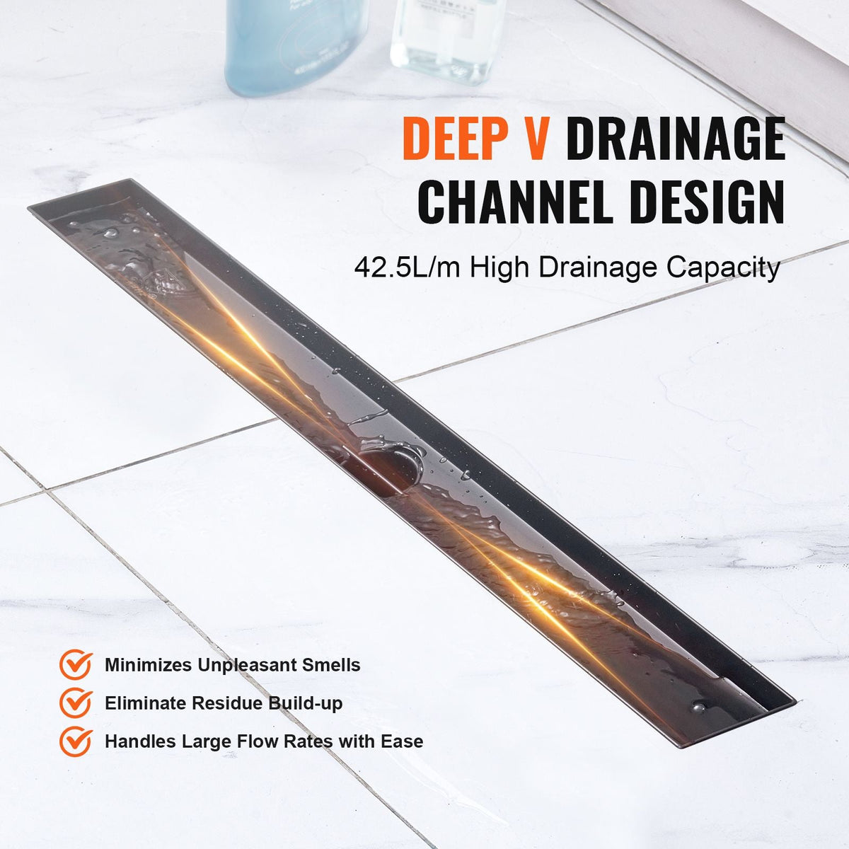 24-Inch Linear Shower Drain Offset with Tile Insert Cover,Brushed 304 Stainless Steel Rectangle Shower Floor Drain, Sleek Linear Drain with Hair Strainer, Black
