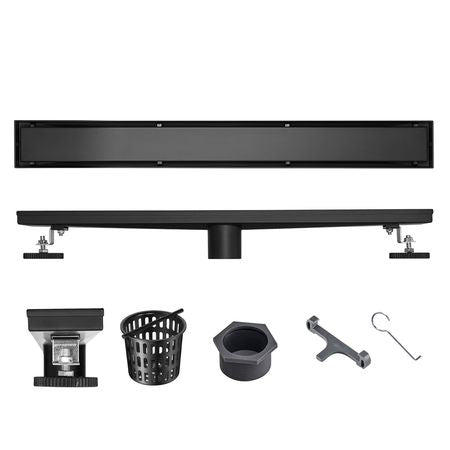 24-Inch Linear Shower Drain Offset with Tile Insert Cover,Brushed 304 Stainless Steel Rectangle Shower Floor Drain, Sleek Linear Drain with Hair Strainer, Black