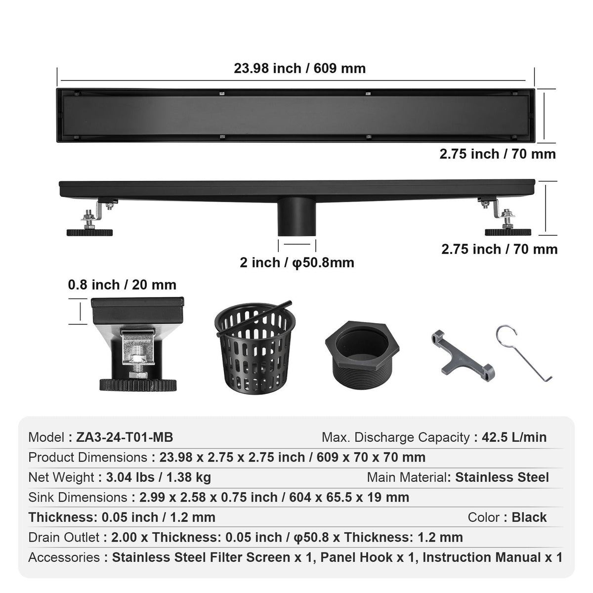 24-Inch Linear Shower Drain Offset with Tile Insert Cover,Brushed 304 Stainless Steel Rectangle Shower Floor Drain, Sleek Linear Drain with Hair Strainer, Black