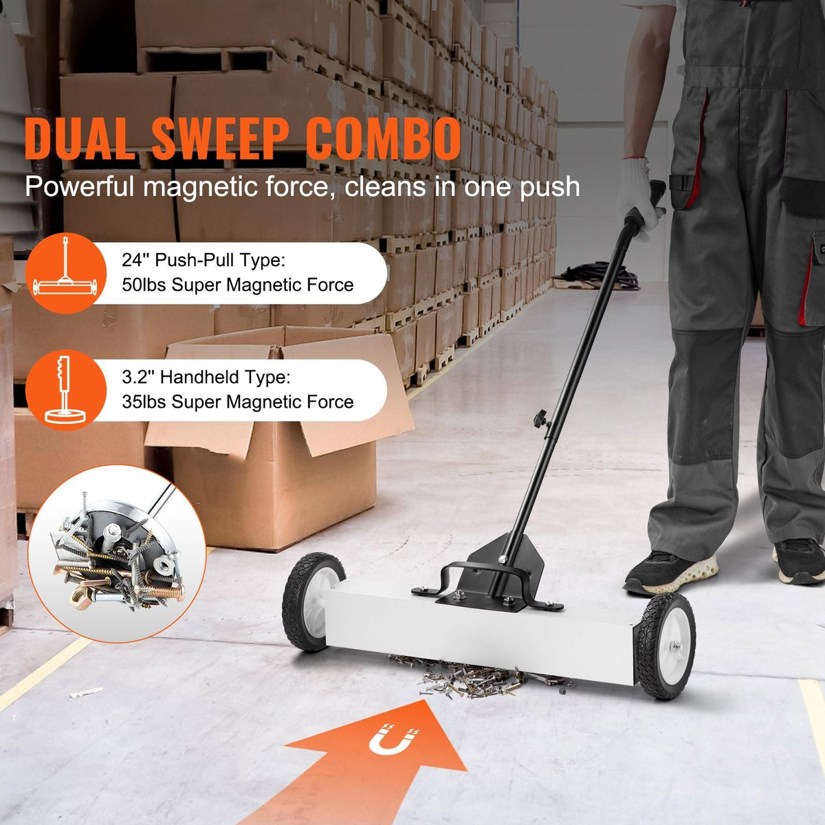 24-Inch Magnetic Sweeper with Wheels, 50 lbs Capacity, with Telescoping Magnetic Pickup Tool, Adjustable Handle, Magnetic Pickup Sweeper to Pick Up Nails and Screws, for Workshop, Garage, Yard