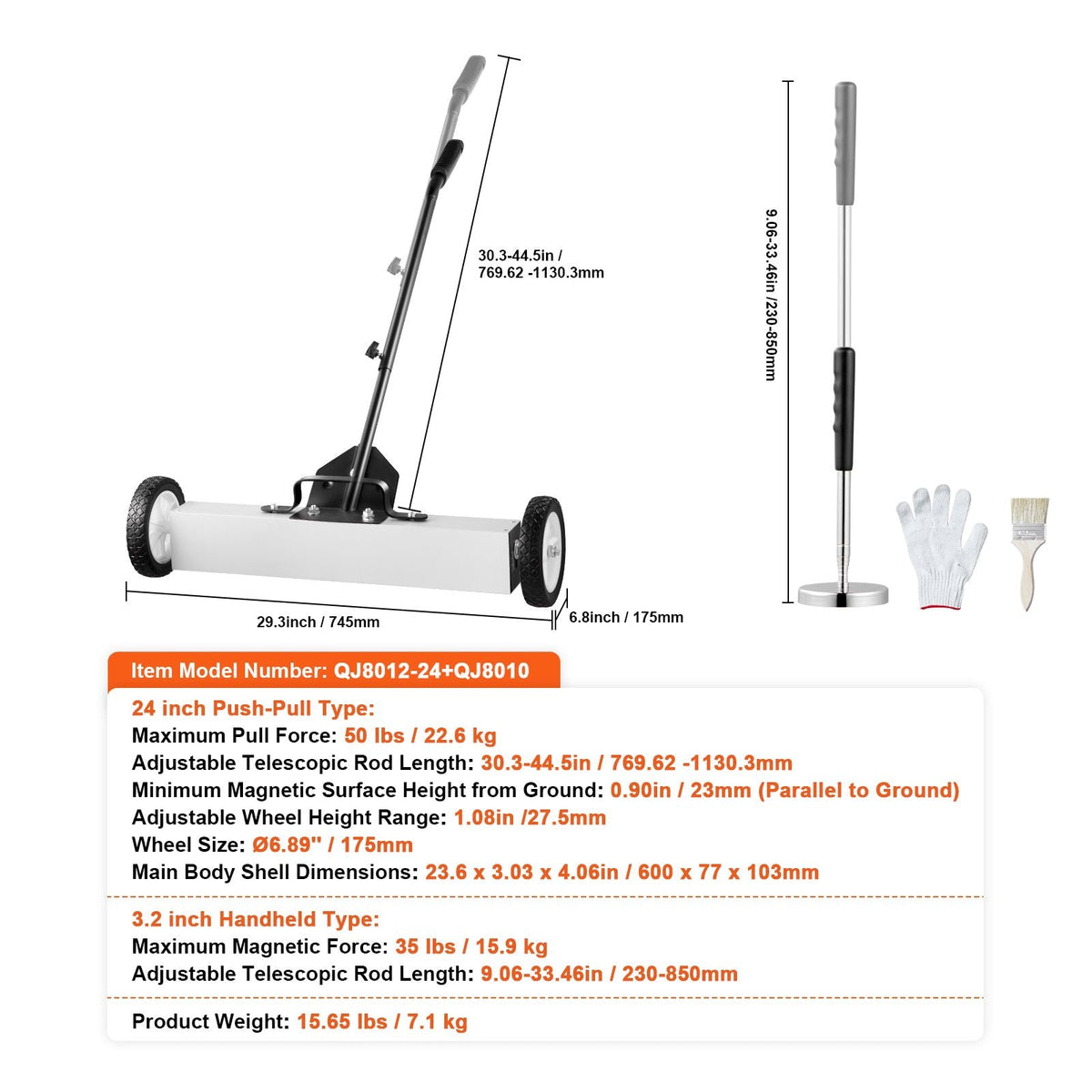 24-Inch Magnetic Sweeper with Wheels, 50 lbs Capacity, with Telescoping Magnetic Pickup Tool, Adjustable Handle, Magnetic Pickup Sweeper to Pick Up Nails and Screws, for Workshop, Garage, Yard