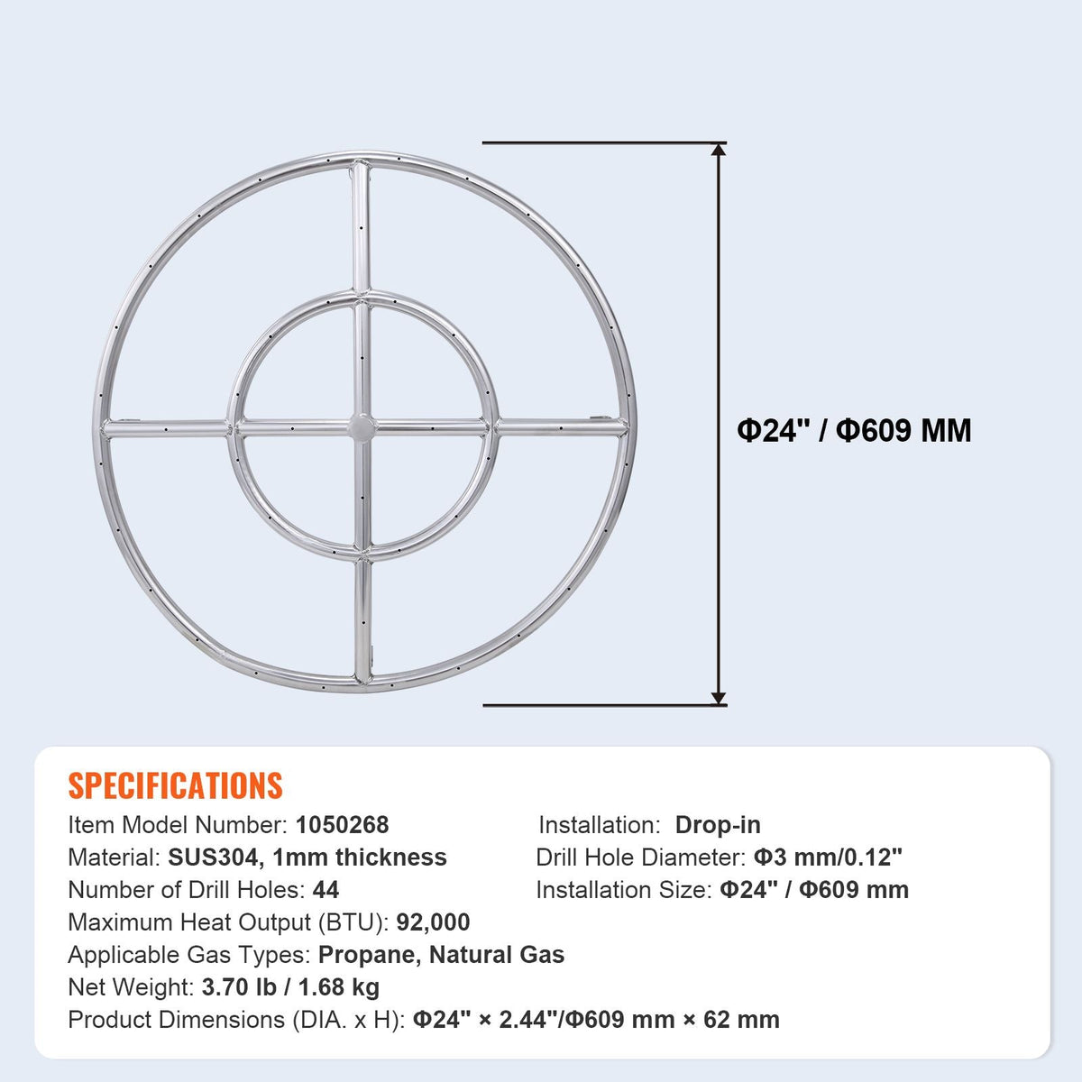24 inch Round Drop-in Fire Pit Pan, Stainless Steel Fire Pit Burner, Natural & Propane Gas Fire Pan 92,000 BTU, for Indoor or Outdoor Use