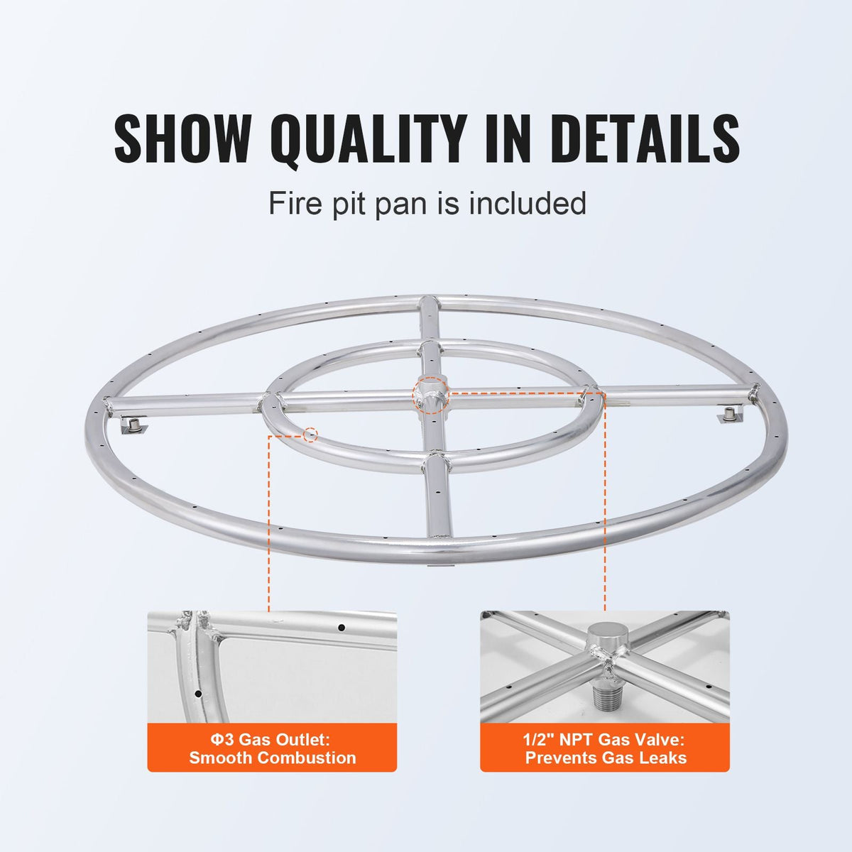 24 inch Round Drop-in Fire Pit Pan, Stainless Steel Fire Pit Burner, Natural & Propane Gas Fire Pan 92,000 BTU, for Indoor or Outdoor Use