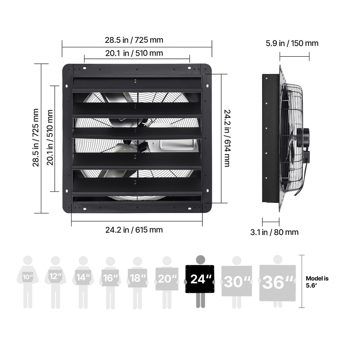 24 inch Shutter Exhaust Fan, Wall Mounted Attic Vent Fan with Smart Programming Variable Speed Temperature Control, 2900 CFM,EC Motor,Timer, for Shed,Garage,Greenhouse Ventilation Cooling,Black