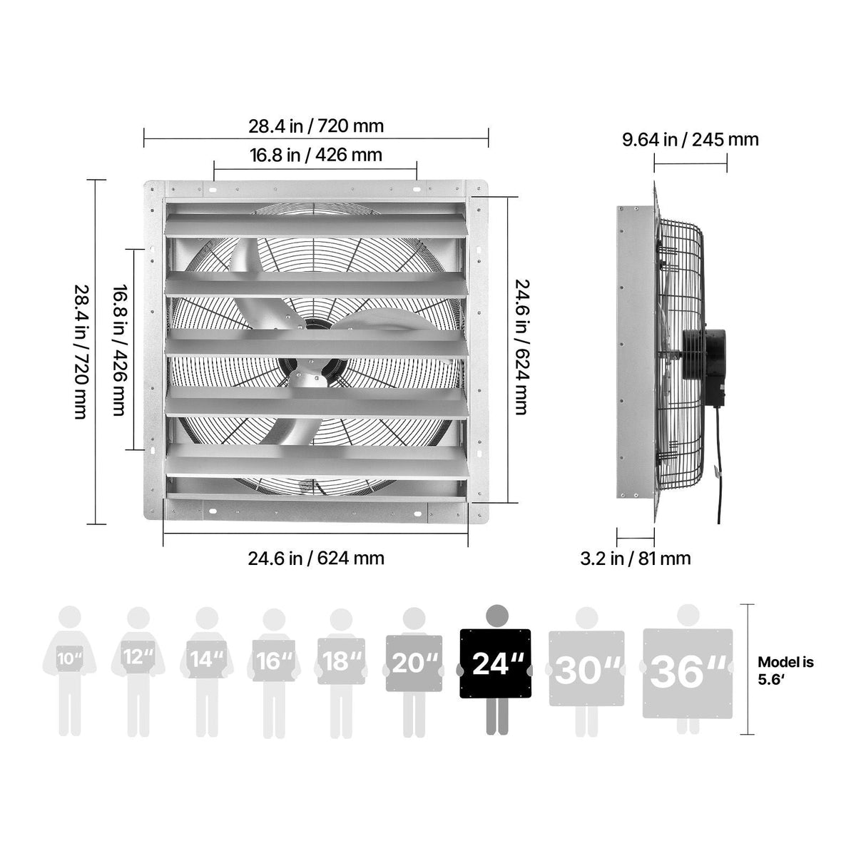 24 Inch Shutter Exhaust Fan Wall Mounted Automatic Louvers Silver, Sturdy Steel Housing, Low Noise, AC Motor, 7030 CFM Ventilation and Cooling for Attic, Garage, Barn, Greenhouse, Workshop