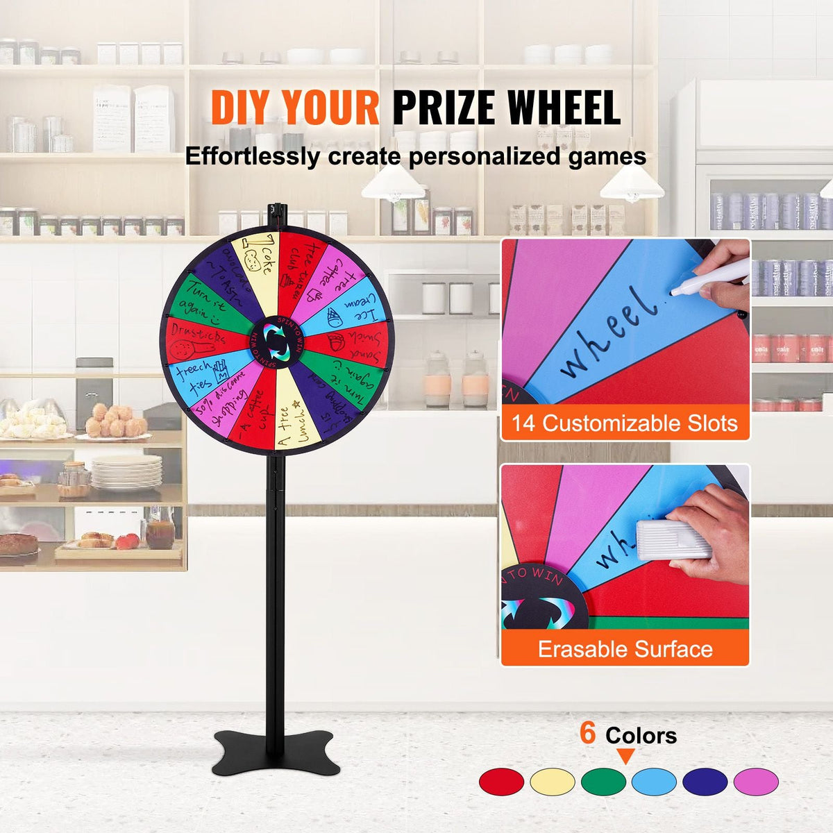24 inch Spinning Prize Wheel, 14 Slots Spinning Wheel, Roulette Wheel with a Dry Erase and 2 Markers, Tabletop or Floor Standing Win Fortune Spin Games in Party Pub Trade Show Carnival