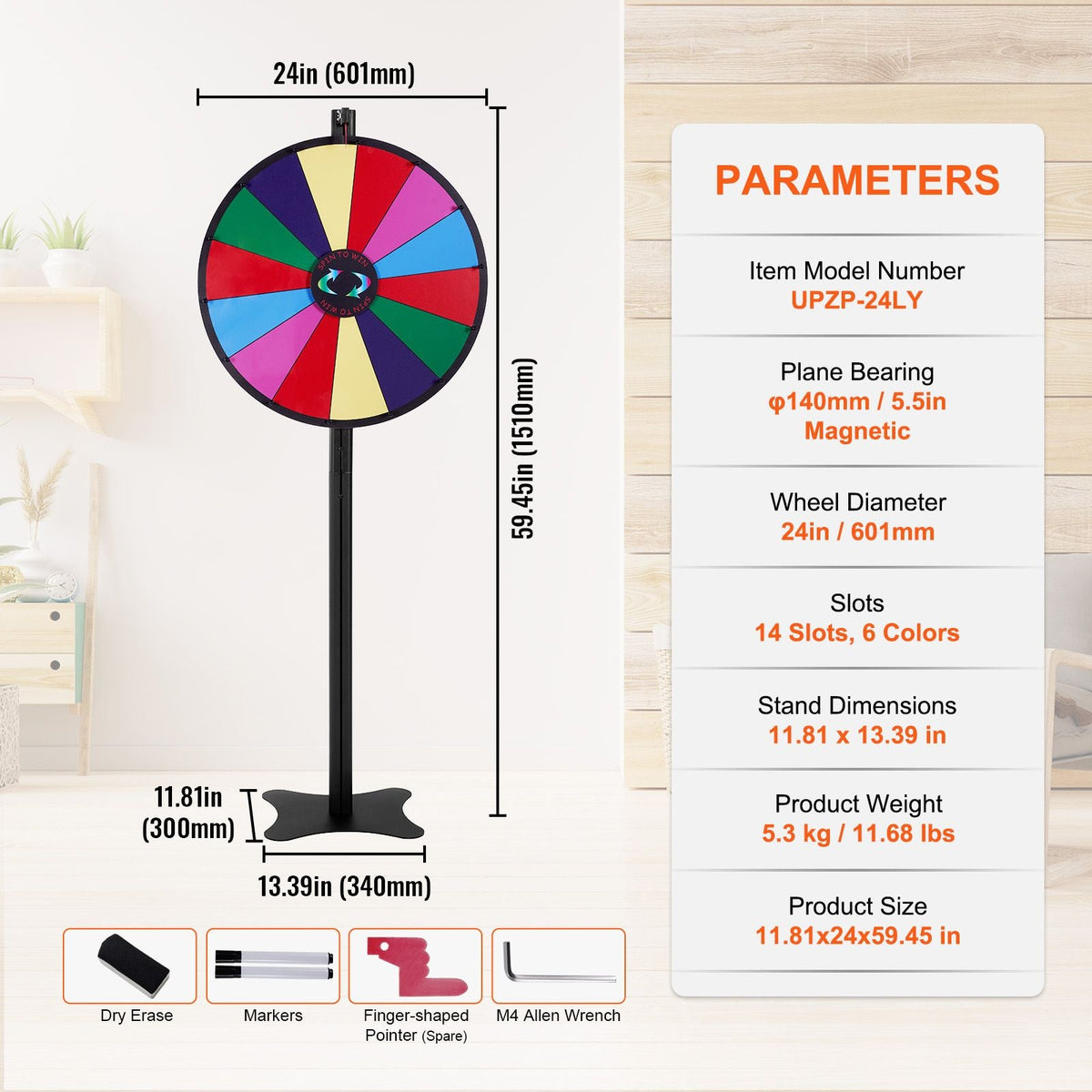24 inch Spinning Prize Wheel, 14 Slots Spinning Wheel, Roulette Wheel with a Dry Erase and 2 Markers, Tabletop or Floor Standing Win Fortune Spin Games in Party Pub Trade Show Carnival