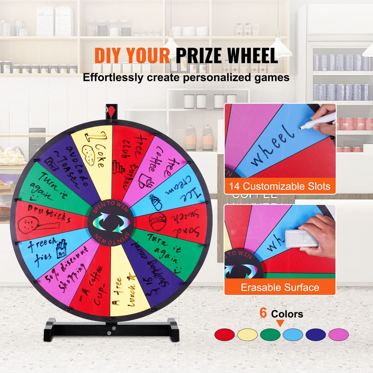 24 inch Spinning Prize Wheel, 14 Slots Tabletop Spinner, Heavy Duty Roulette Wheel with a Dry Erase and 2 Markers, Win Fortune Spin Games in Party Pub Trade Show Carnival