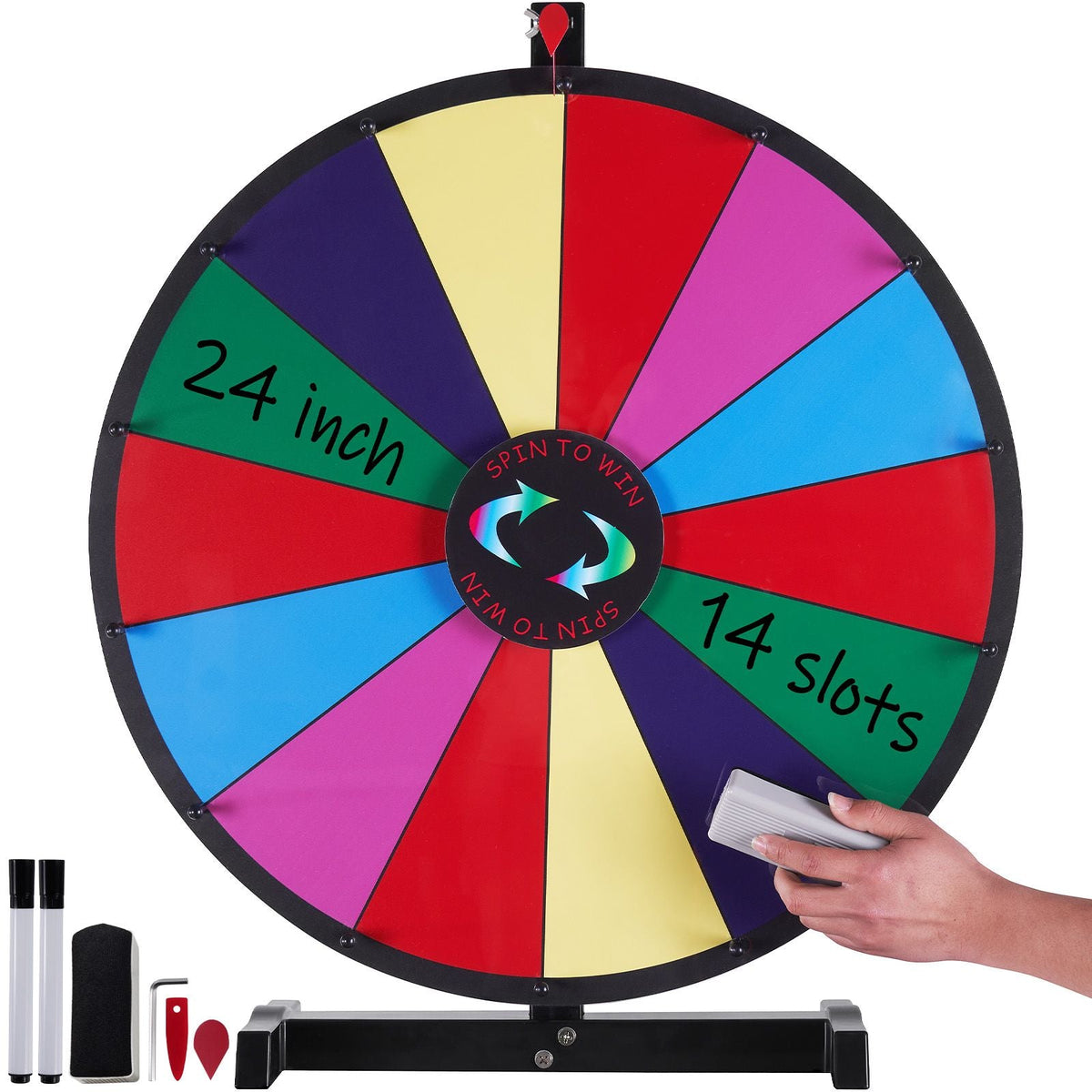 24 inch Spinning Prize Wheel, 14 Slots Tabletop Spinner, Heavy Duty Roulette Wheel with a Dry Erase and 2 Markers, Win Fortune Spin Games in Party Pub Trade Show Carnival