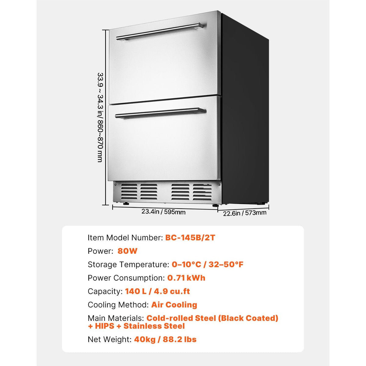 24 Inch Under Counter Drawer Refrigerator, Stainless Steel Dual Drawer Fridge with Temperature Control, Outdoor Refrigerator with Powerful Compressor & LED Display, Fit for Home, Office, etc.
