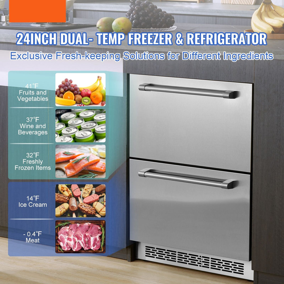 24 inch Undercounter Refrigerator, 2 Drawer Refrigerator with Different Temperature, 4.87 Cu.ft. Capacity, Waterproof Indoor and Outdoor Under Counter Freezer Fridge for Home and Commercial Use