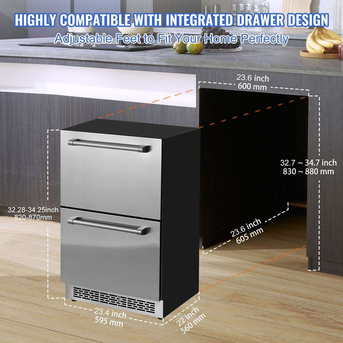 24 inch Undercounter Refrigerator, 2 Drawer Refrigerator with Different Temperature, 4.87 Cu.ft. Capacity, Waterproof Indoor and Outdoor Under Counter Freezer Fridge for Home and Commercial Use