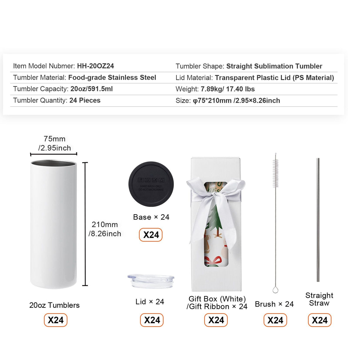 24 Pack Sublimation Tumblers 20oz Skinny Straight, Stainless Steel Sublimation Tumblers Blank, Stainless Steel Double Wall Tumbler for Heat Transfer Customized Gifts with Lid and Straw, Gift Box