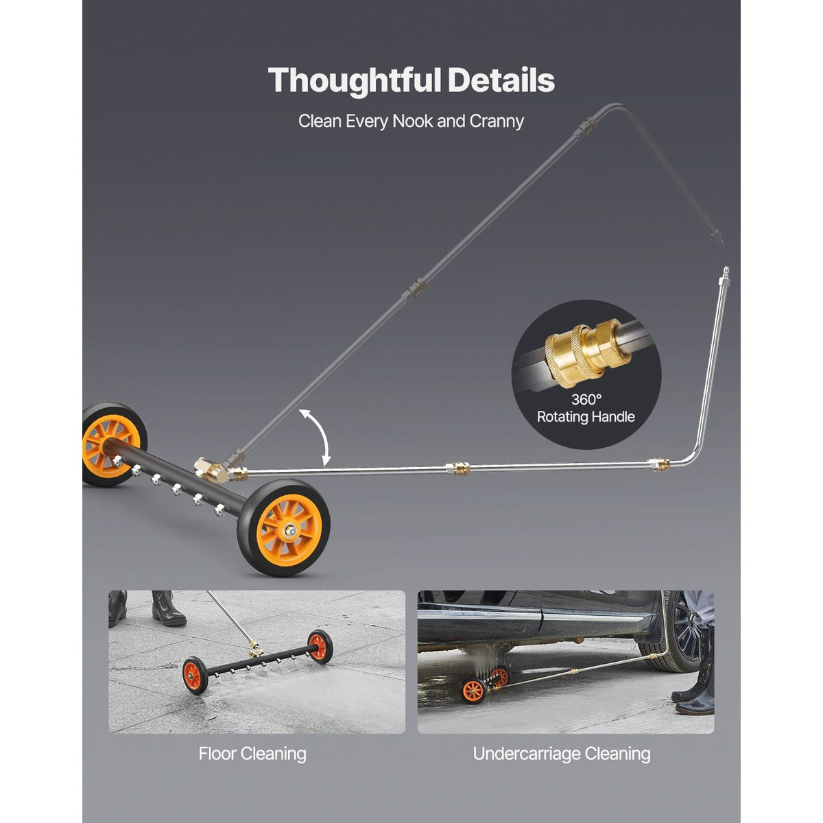 24" Pressure Washer Undercarriage Cleaner, Stainless Steel Surface Cleaner for Pressure Washer, 4000 Max PSI, Angle Adjustment Gear, 7 Spray Nozzles, 2 Extended Wands for Driveway, Patio, Deck