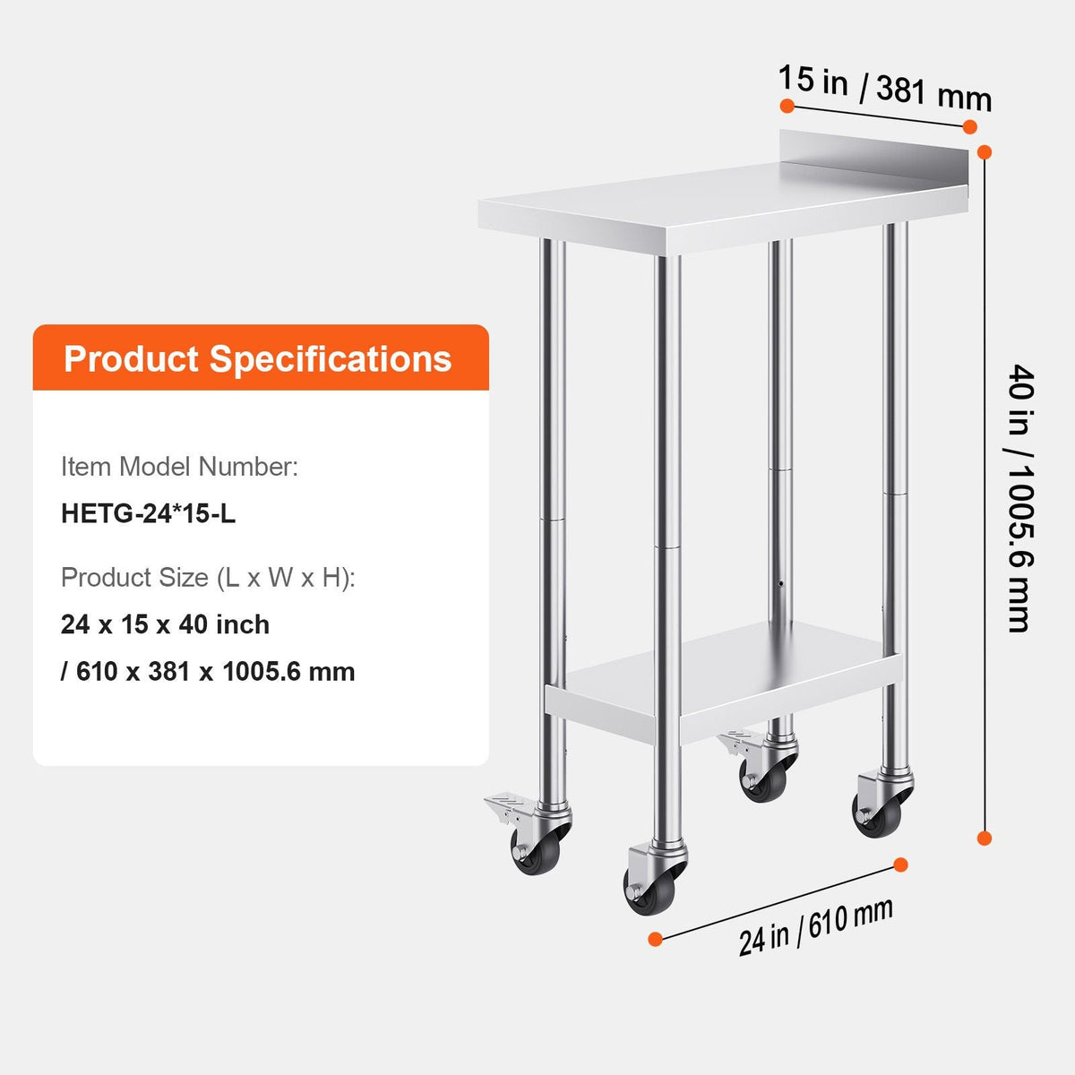 24 x 15 x 40 Inch Stainless Steel Work Table, Commercial Food Prep Worktable with Casters, Heavy Duty Prep Worktable, Metal Work Table with Adjustable Height for Restaurant, Home and Hotel