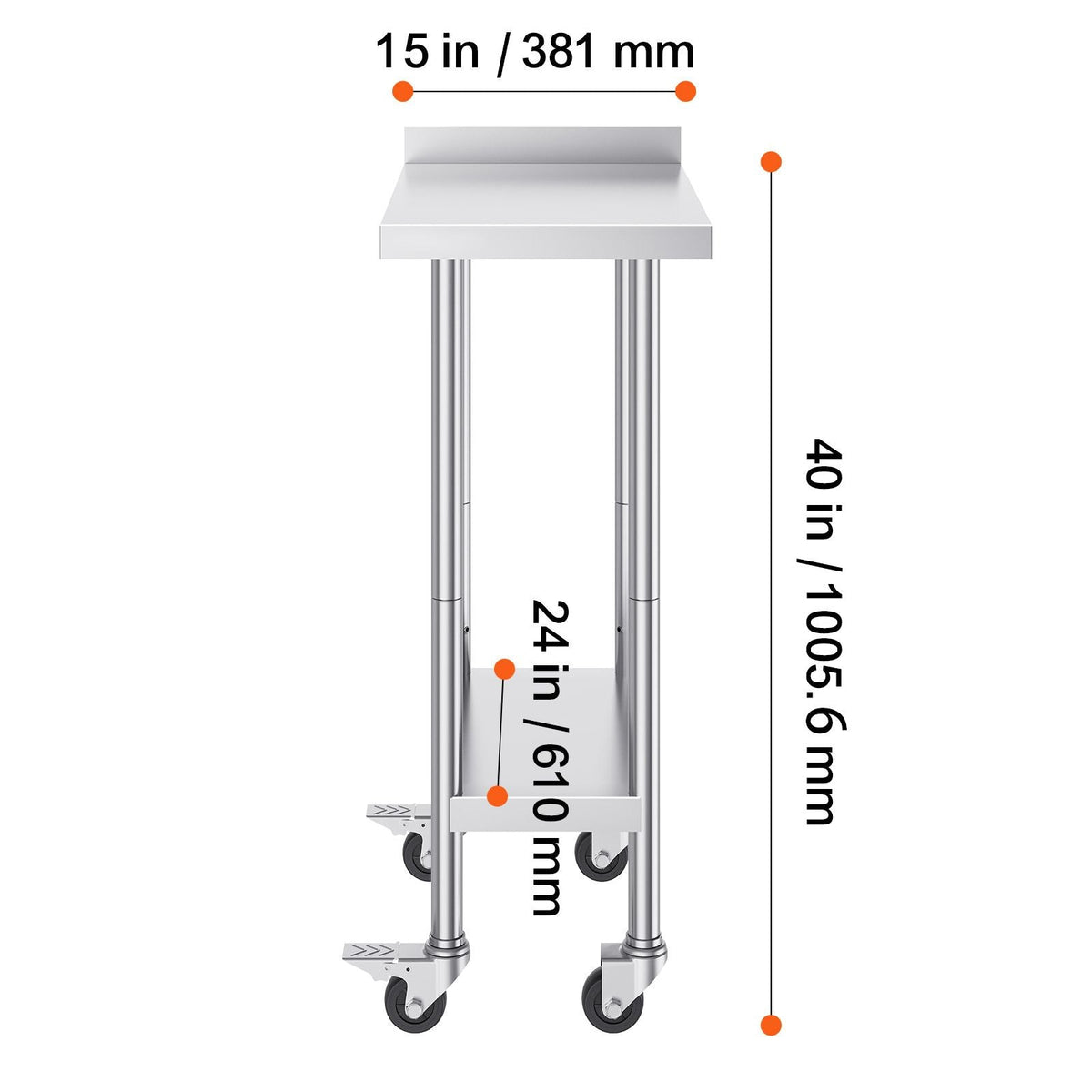 24 x 15 x 40 Inch Stainless Steel Work Table, Commercial Food Prep Worktable with Casters, Heavy Duty Prep Worktable, Metal Work Table with Adjustable Height for Restaurant, Home and Hotel