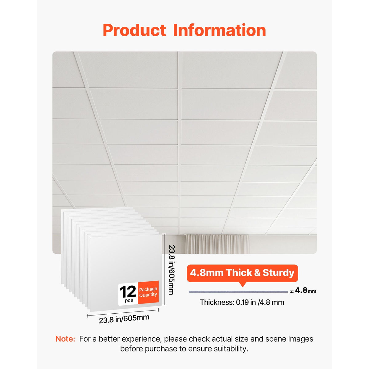 24 x 24 in PVC Ceiling Tiles 12-Pack Drop Ceiling Panels White, PVC Foam Board, Grid Fit, Water-Resistant, Flexible Cut, Easy to Clean, Modern Decorative for Home,Office,Kitchen,Living Room