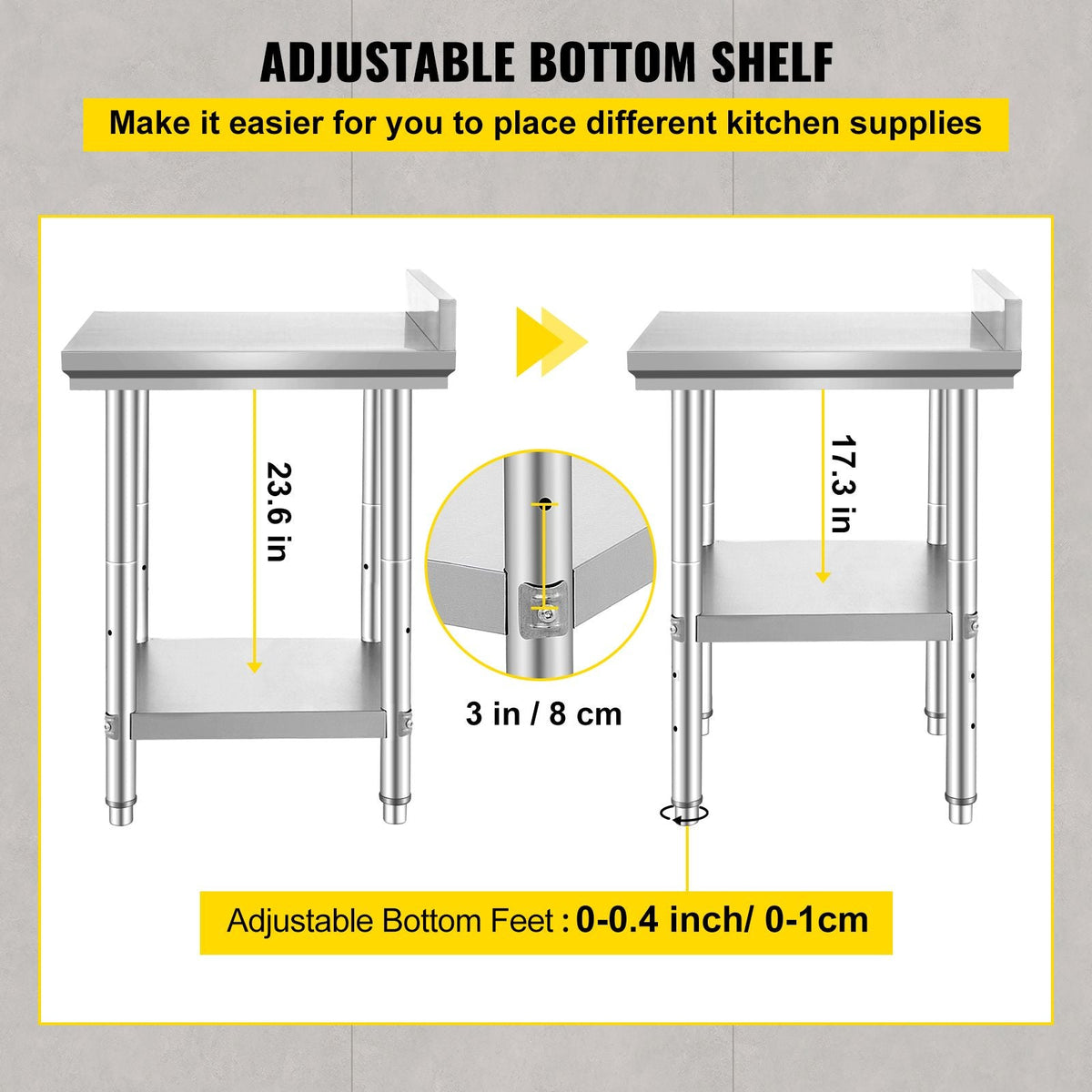 24 x 24 x 35 Inch Stainless Steel Work Table, Commercial Food Prep Worktable Heavy Duty Prep Worktable, Metal Work Table with Adjustable Height for Restaurant, Home and Hotel