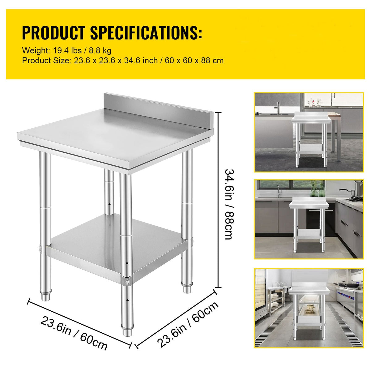 24 x 24 x 35 Inch Stainless Steel Work Table, Commercial Food Prep Worktable Heavy Duty Prep Worktable, Metal Work Table with Adjustable Height for Restaurant, Home and Hotel
