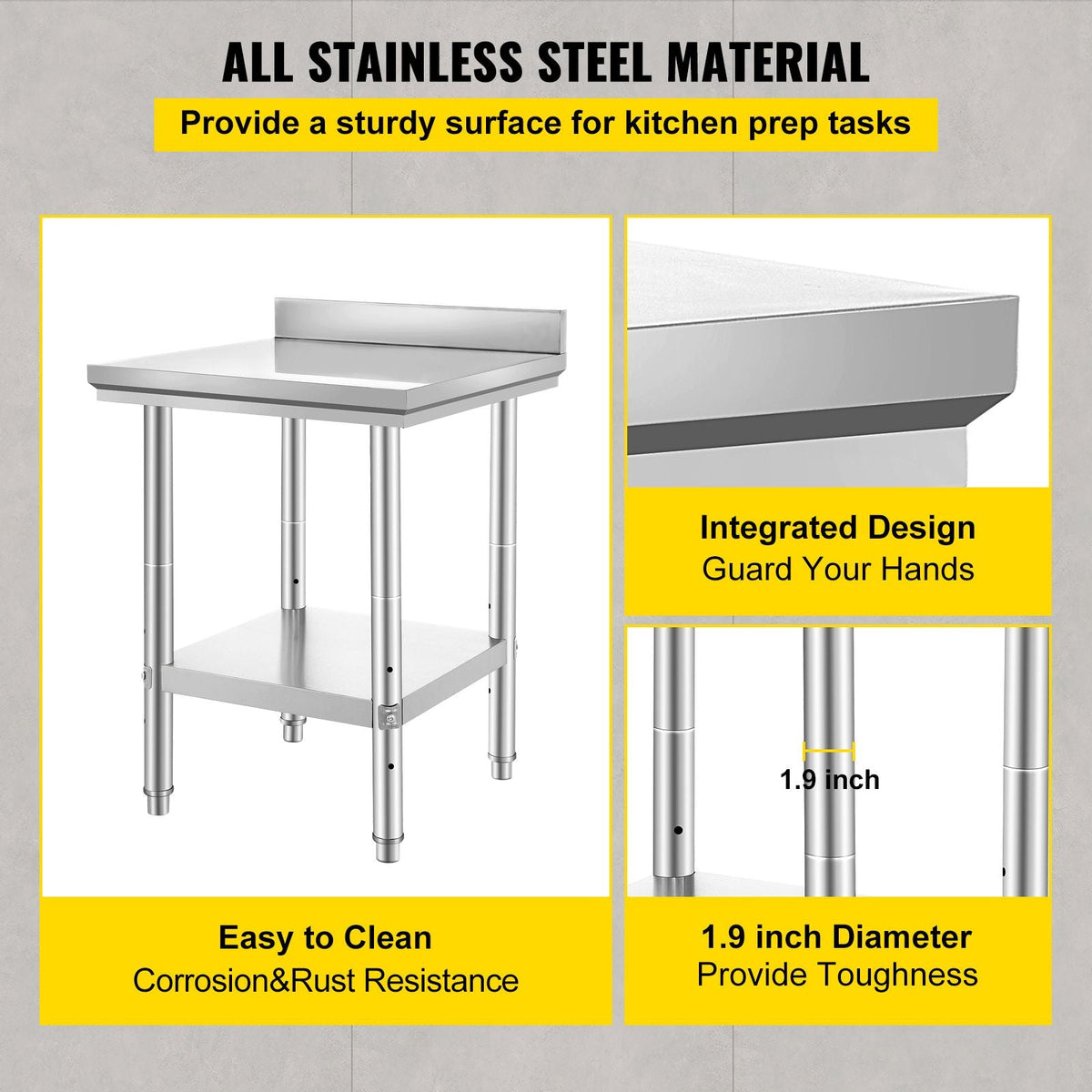 24 x 24 x 35 Inch Stainless Steel Work Table, Commercial Food Prep Worktable Heavy Duty Prep Worktable, Metal Work Table with Adjustable Height for Restaurant, Home and Hotel