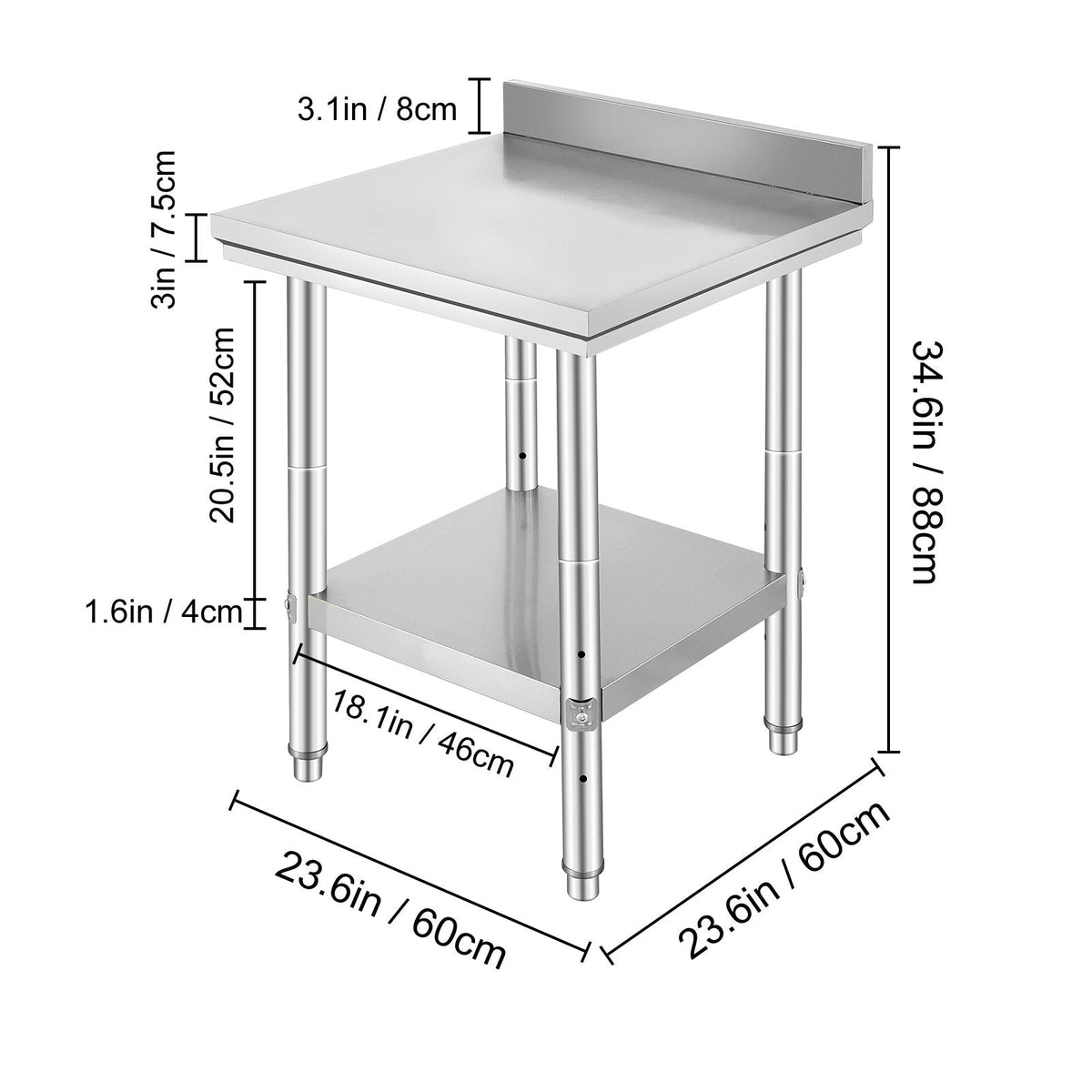 24 x 24 x 35 Inch Stainless Steel Work Table, Commercial Food Prep Worktable Heavy Duty Prep Worktable, Metal Work Table with Adjustable Height for Restaurant, Home and Hotel