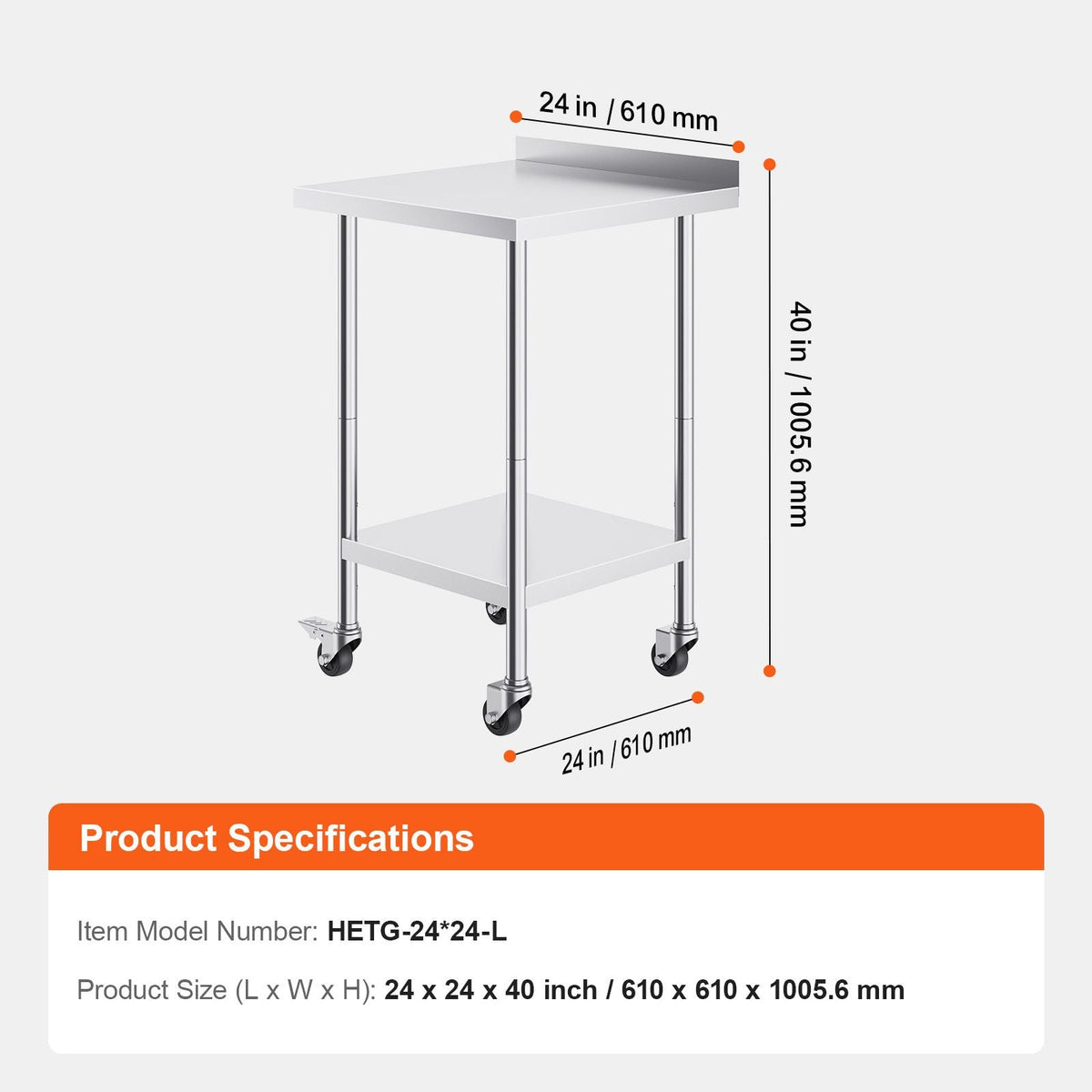 24 x 24 x 40 Inch Stainless Steel Work Table, Commercial Food Prep Worktable with Casters, Heavy Duty Prep Worktable, Metal Work Table with Adjustable Height for Restaurant, Home and Hotel