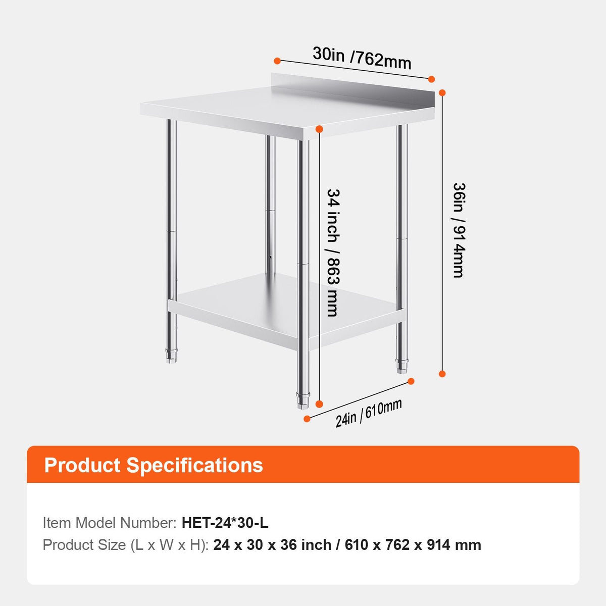 24 x 30 x 36 Inch Stainless Steel Work Table, Commercial Food Prep Worktable Heavy Duty Prep Worktable, Metal Work Table with Adjustable Height for Restaurant, Home and Hotel