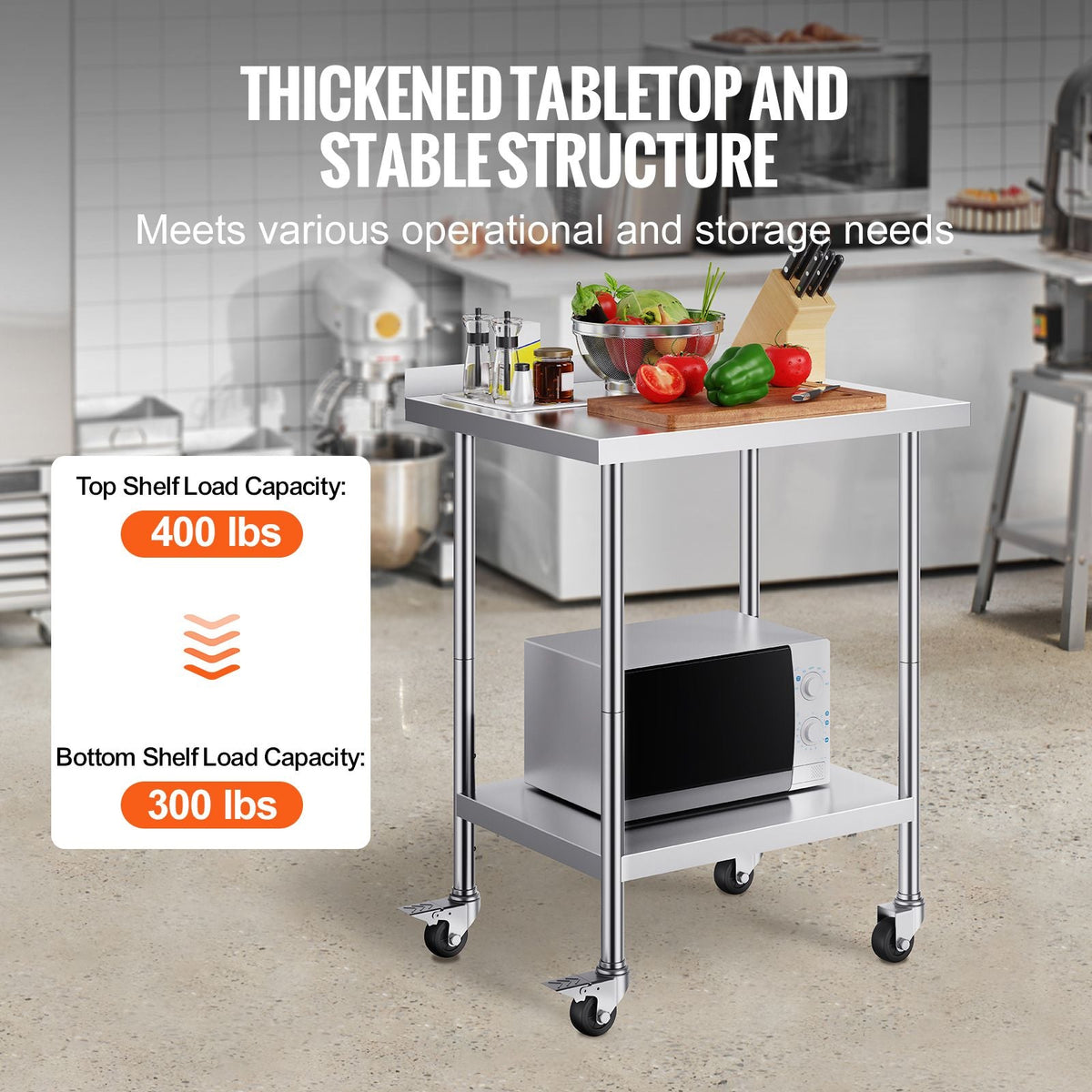 24 x 30 x 40 Inch Stainless Steel Work Table, Commercial Food Prep Worktable with Casters, Heavy Duty Prep Worktable, Metal Work Table with Adjustable Height for Restaurant, Home and Hotel