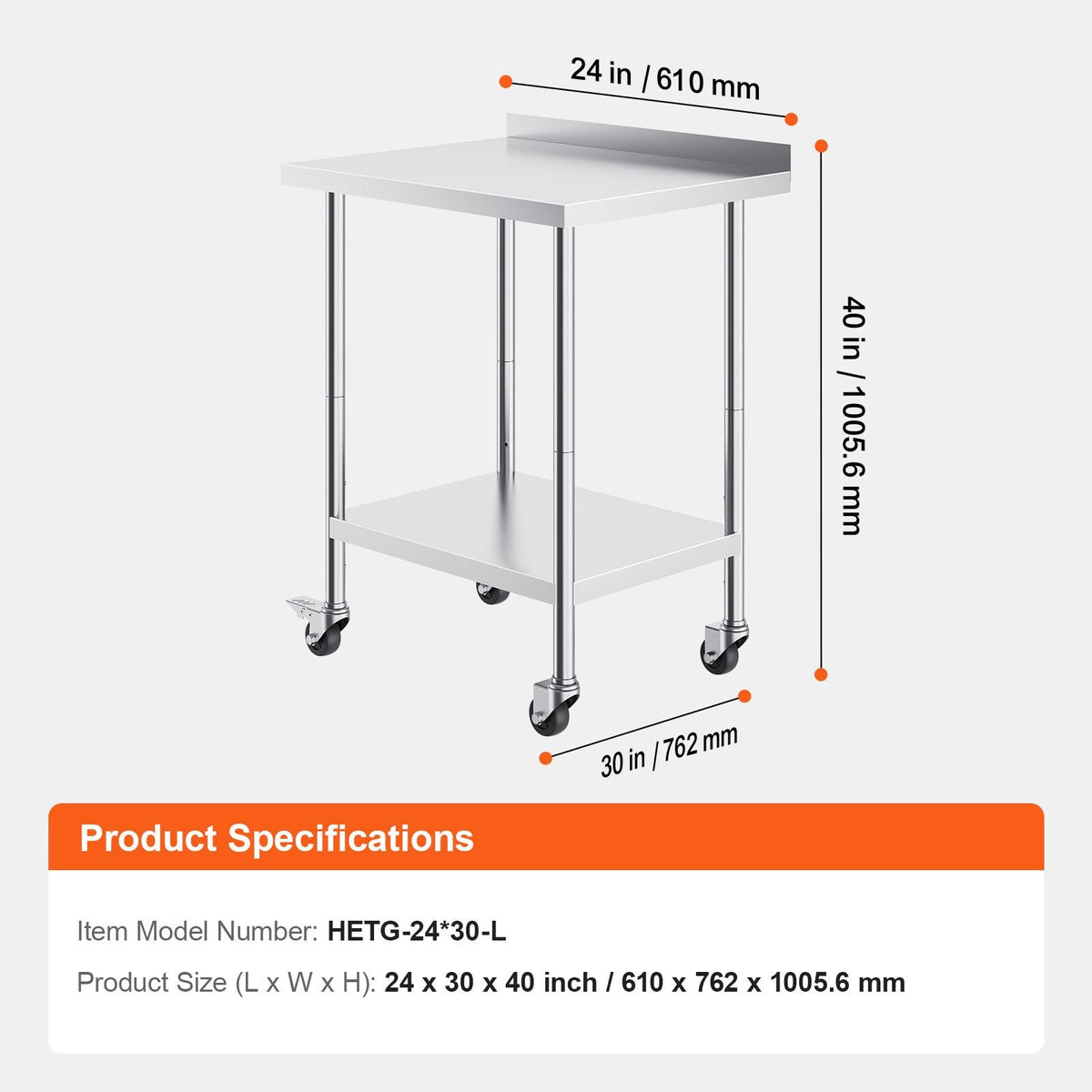 24 x 30 x 40 Inch Stainless Steel Work Table, Commercial Food Prep Worktable with Casters, Heavy Duty Prep Worktable, Metal Work Table with Adjustable Height for Restaurant, Home and Hotel
