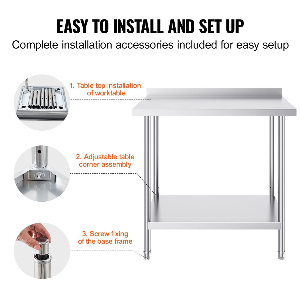 24 x 36 x 36 Inch Stainless Steel Work Table, Commercial Food Prep Worktable Heavy Duty Prep Worktable, Metal Work Table with Adjustable Height for Restaurant, Home and Hotel