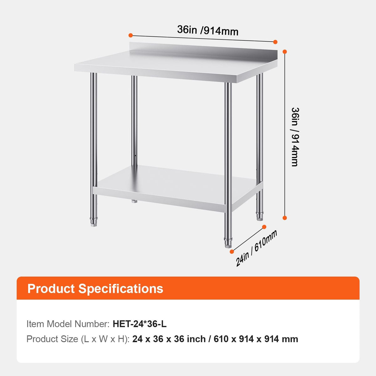 24 x 36 x 36 Inch Stainless Steel Work Table, Commercial Food Prep Worktable Heavy Duty Prep Worktable, Metal Work Table with Adjustable Height for Restaurant, Home and Hotel