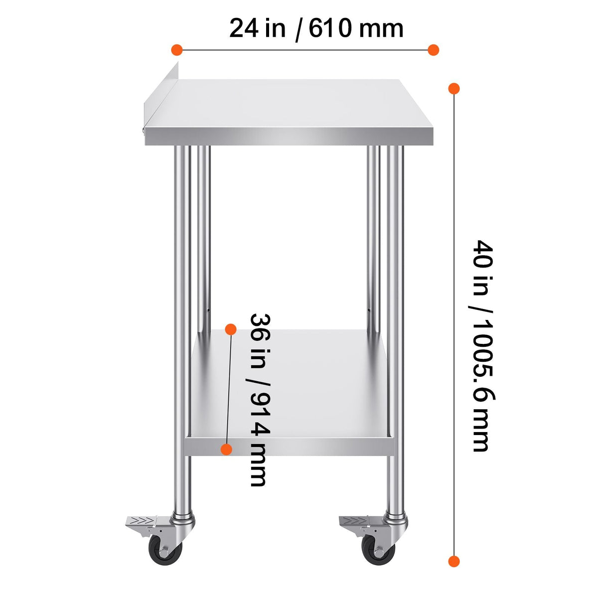 24 x 36 x 40 Inch Stainless Steel Work Table, Commercial Food Prep Worktable with Casters, Heavy Duty Prep Worktable, Metal Work Table with Adjustable Height for Restaurant, Home and Hotel