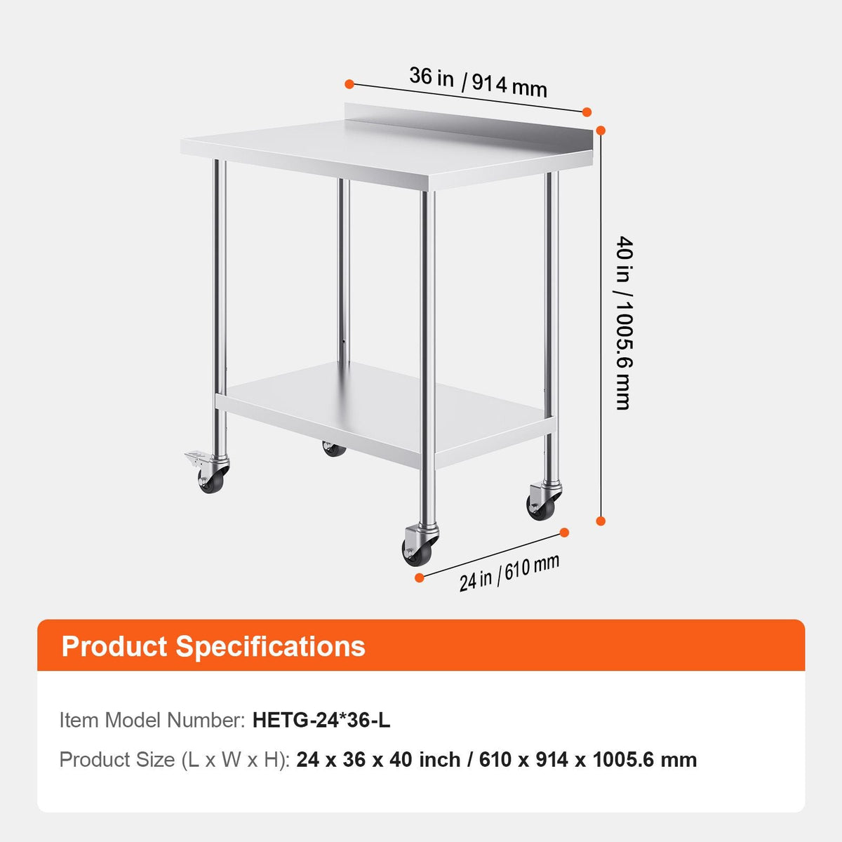 24 x 36 x 40 Inch Stainless Steel Work Table, Commercial Food Prep Worktable with Casters, Heavy Duty Prep Worktable, Metal Work Table with Adjustable Height for Restaurant, Home and Hotel