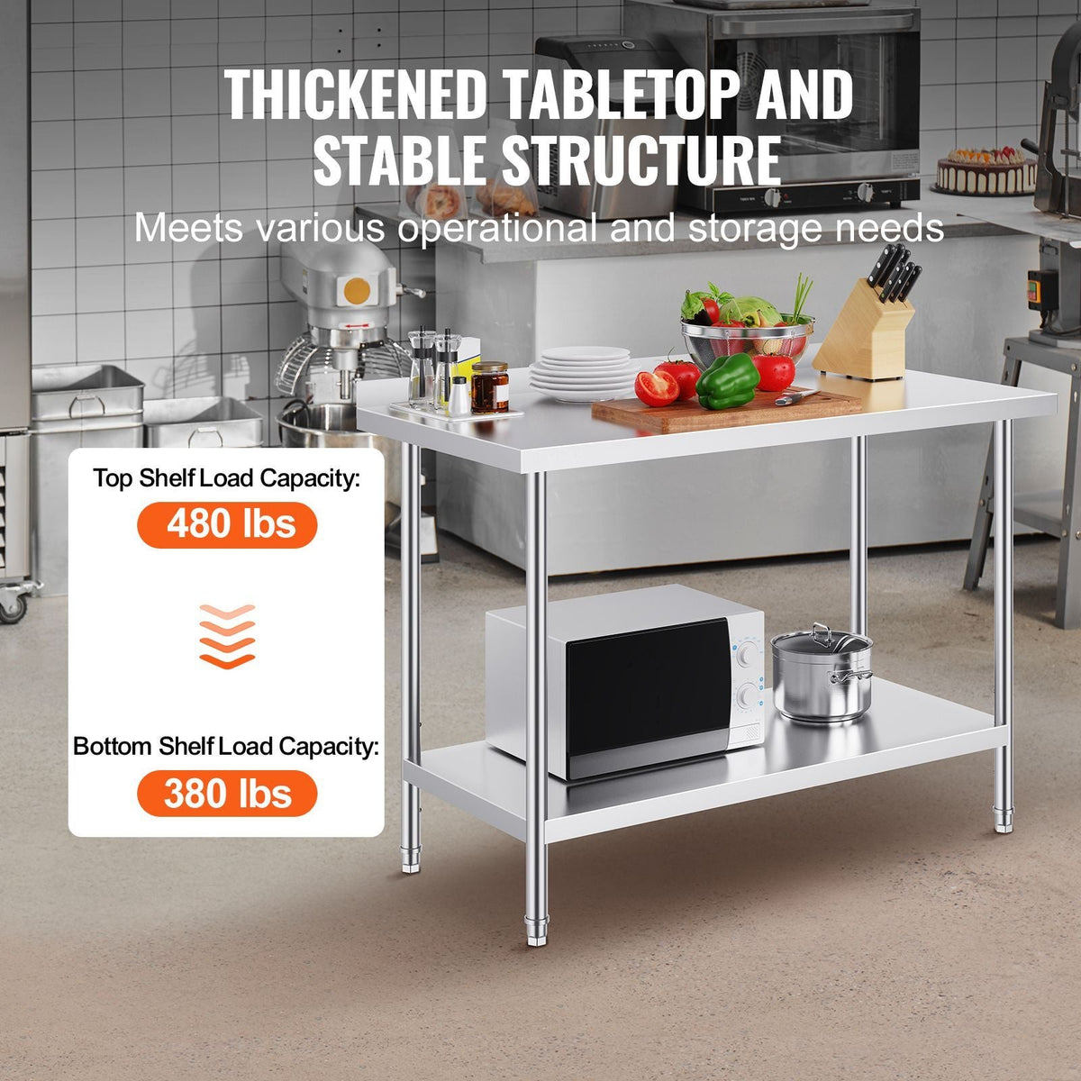 24 x 48 x 36 Inch Stainless Steel Work Table, Commercial Food Prep Worktable Heavy Duty Prep Worktable, Metal Work Table with Adjustable Height for Restaurant, Home and Hotel
