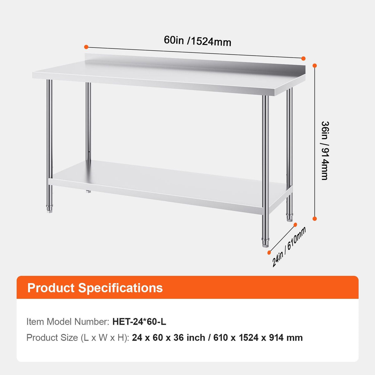 24 x 60 x 36 Inch Stainless Steel Work Table, Commercial Food Prep Worktable Heavy Duty Prep Worktable, Metal Work Table with Adjustable Height for Restaurant, Home and Hotel