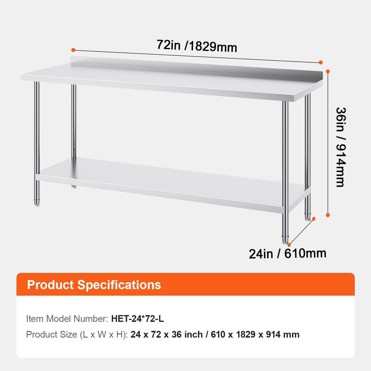 24 x 72 x 36 Inch Stainless Steel Work Table, Commercial Food Prep Worktable Heavy Duty Prep Worktable, Metal Work Table with Adjustable Height for Restaurant, Home and Hotel