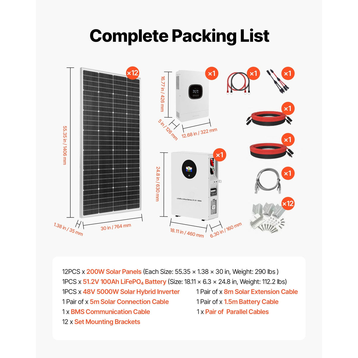 2400W 48V Complete Solar Power Kit, 12PCS 200W Monocrystalline Solar Panels + 51.2V 100Ah LiFePO4 Battery + 48V 5000W Hybrid Inverter, High Output Off-Grid Solar Kit for Large House Shed Farm