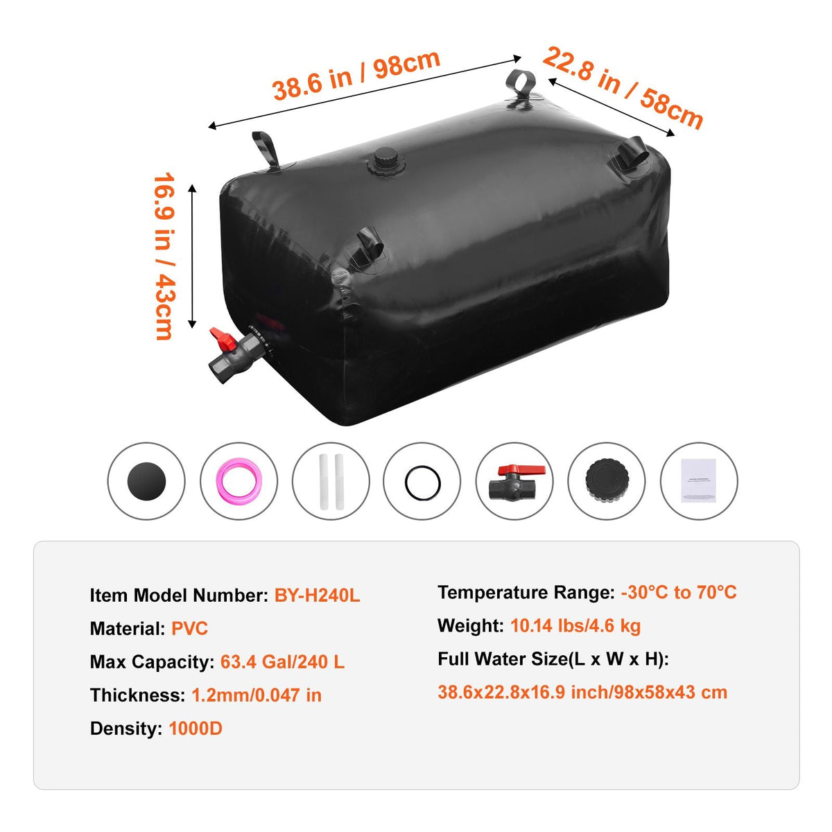 240L/63.4 Gallon Water Storage Bladder, Portable RV Water Tank, 1000D PVC Collapsible Water Storage Containers, Soft Water Storage Bag, Water Bladder, Fire Prevention, Camping, Emergency Water