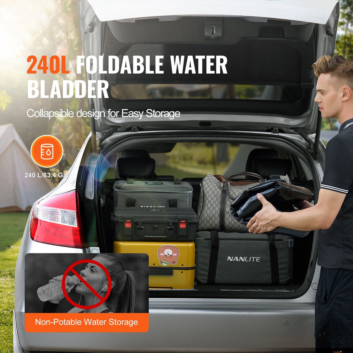 240L/63.4 Gallon Water Storage Bladder, Portable RV Water Tank, 1000D PVC Collapsible Water Storage Containers, Soft Water Storage Bag, Water Bladder, Fire Prevention, Camping, Emergency Water