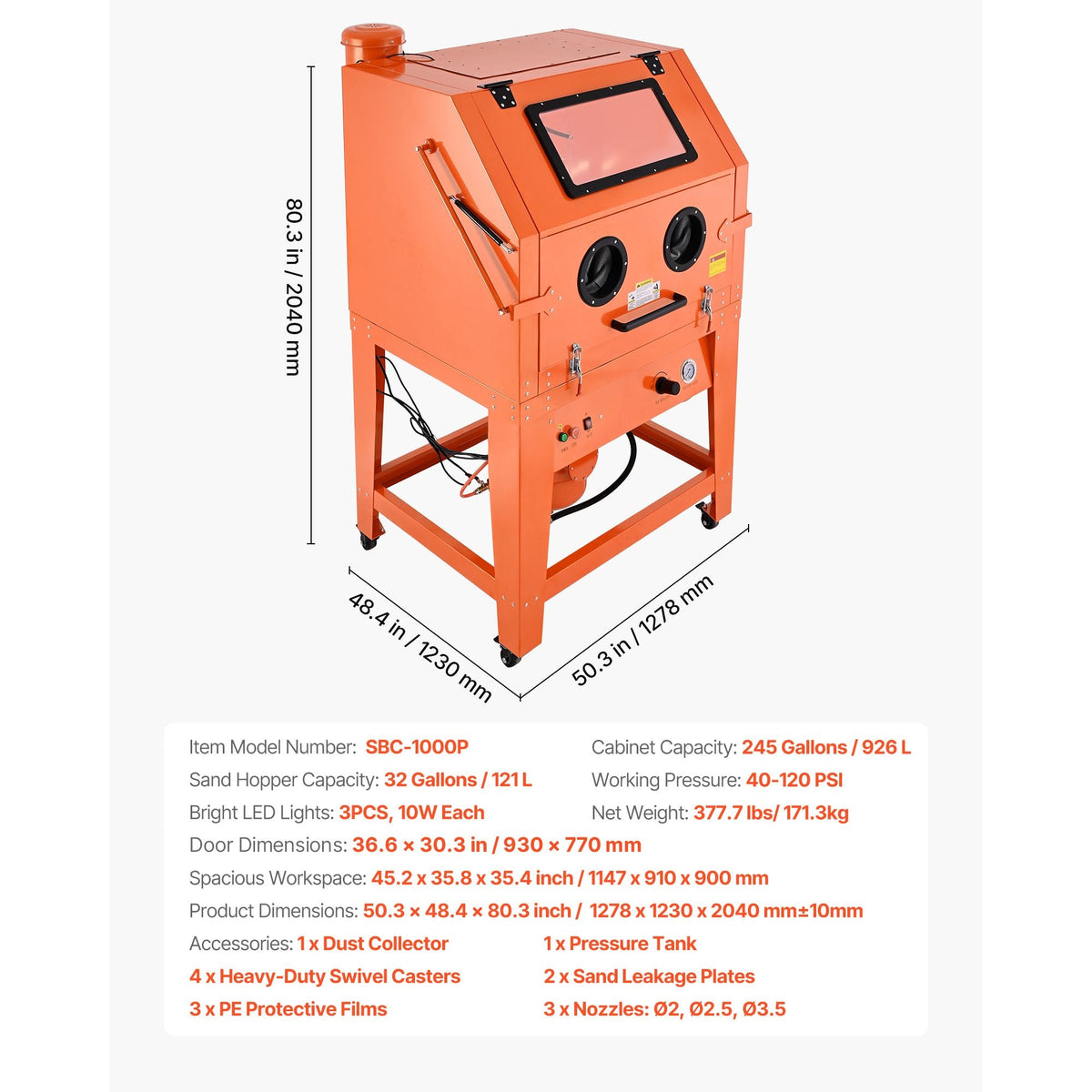 245 Gallon Sandblasting Cabinet with Pressurized Tank, Heavy Duty Steel Sand Blasting Cabinet on Wheels - with 32 Gallon Media Hopper & 1.6HP Dust Collector for Oversized Parts Surface Finishing